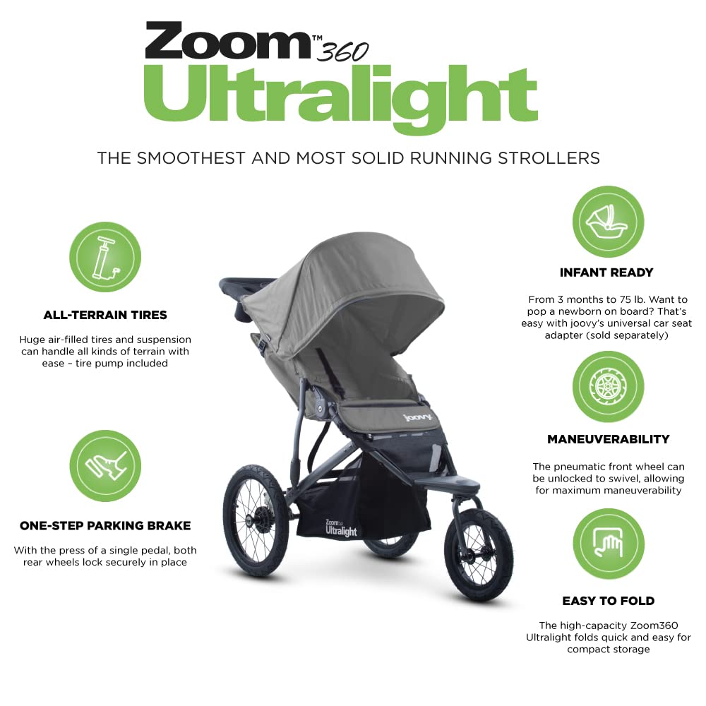 Joovy Zoom360 Ultralight Jogging Stroller Featuring High Child Seat, Shock-Absorbing Suspension, Extra-Large Air-Filled Tires, Parent Organizer, Air Pump, and Easy One-Hand Fold (Black)