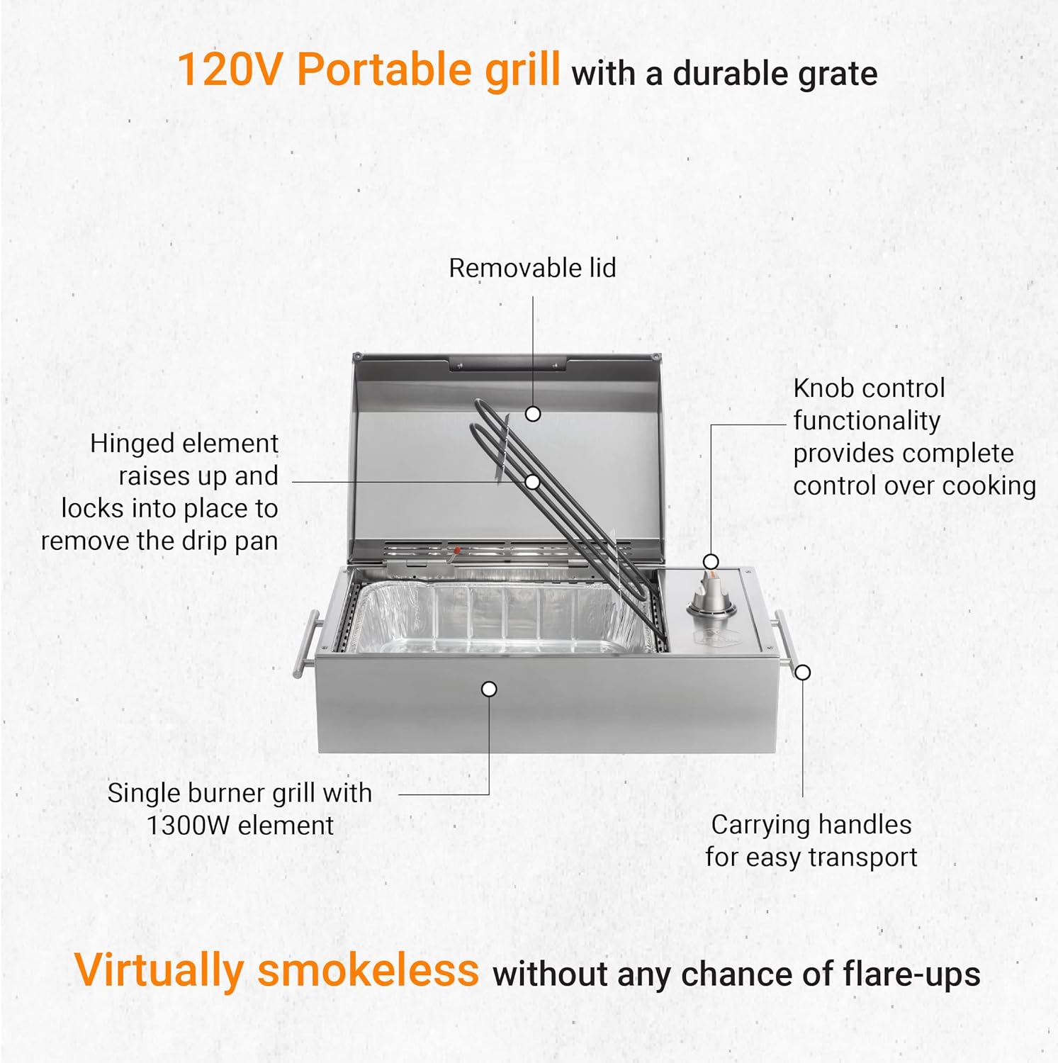 Kenyon B70200 City Grill, Portable Grill, Stainless Steel, Single Burner, Knob Control, Faceted Lid, UL Approved For Use Indoors And Outdoors, Flame-Free, 120V