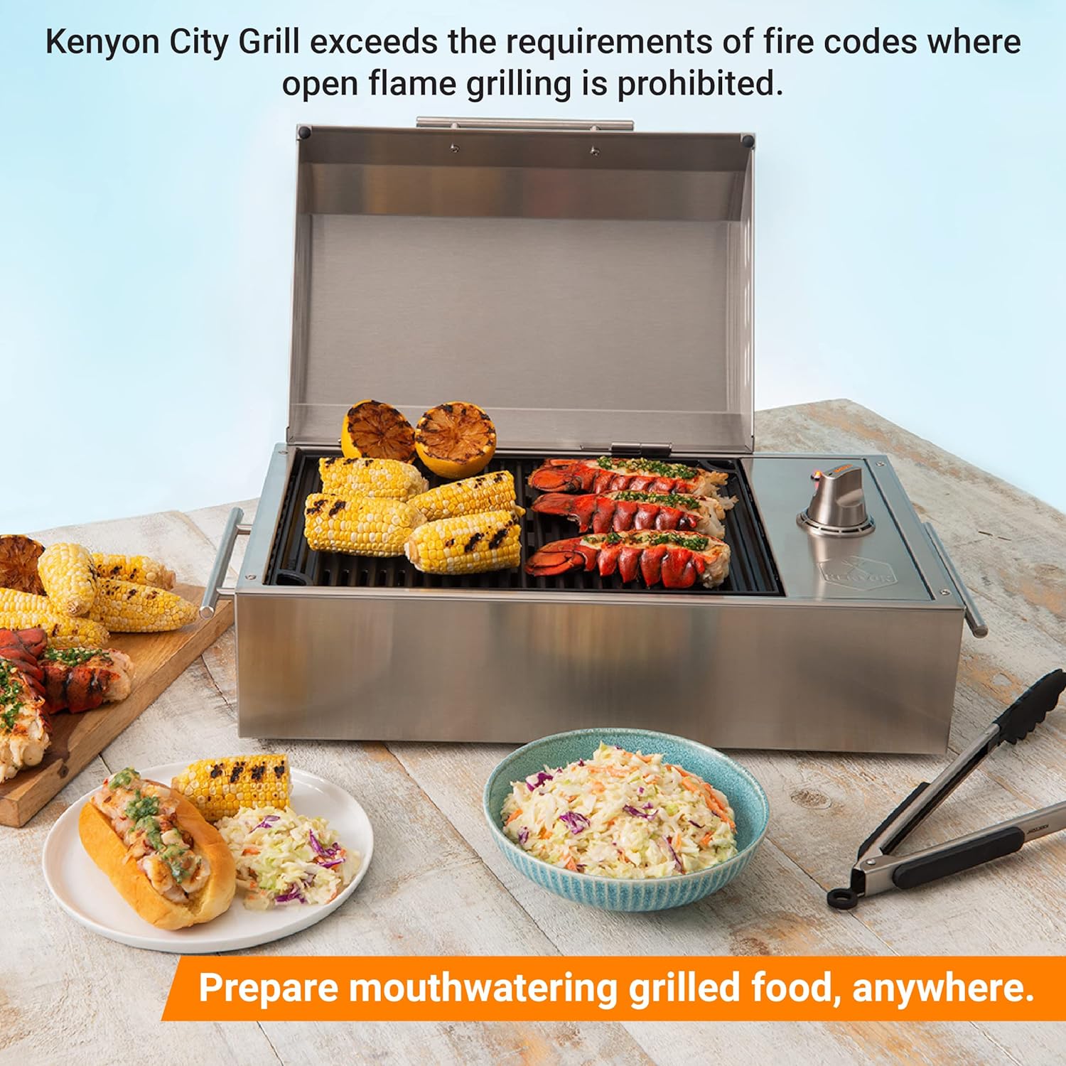 Kenyon B70200 City Grill, Portable Grill, Stainless Steel, Single Burner, Knob Control, Faceted Lid, UL Approved For Use Indoors And Outdoors, Flame-Free, 120V