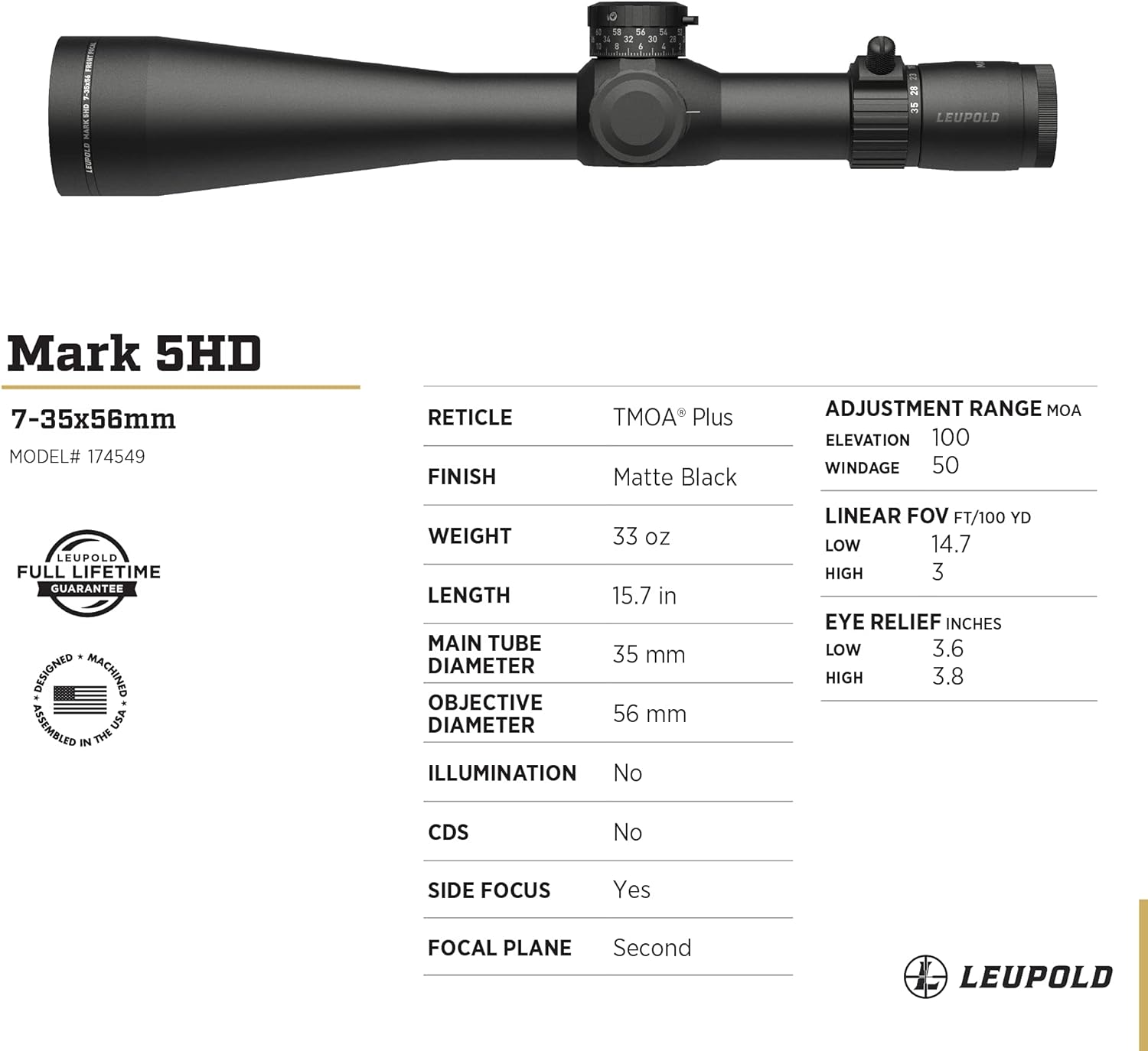 Leupold Mark 5HD 3.6-18x44mm M1C3 FFP Side Focus Riflescope