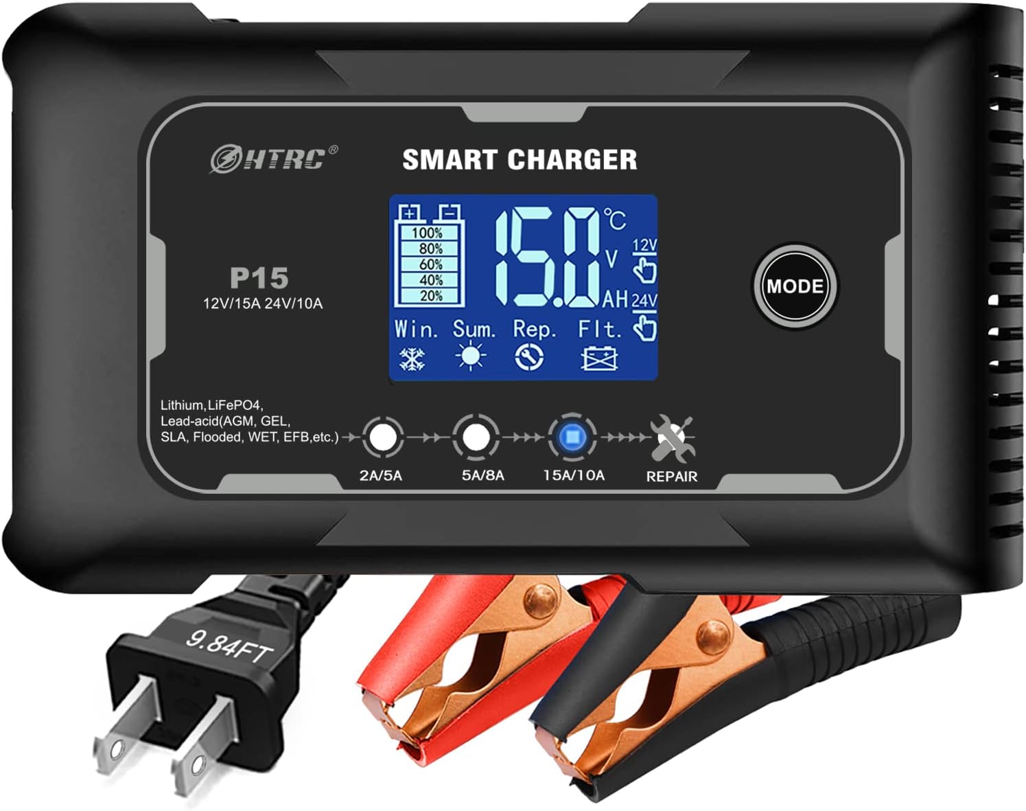 lifepo4 charger 15-Amp Fully-Automatic Smart Charger,12V and 24V Battery Charger,12V/15A 24V/10A Lead-Acid(AGM/Gel/SLA)/Lithium lron LiFePO4 Trickle Charger,Pulse Repair Car Battery Charger,Deep cycle