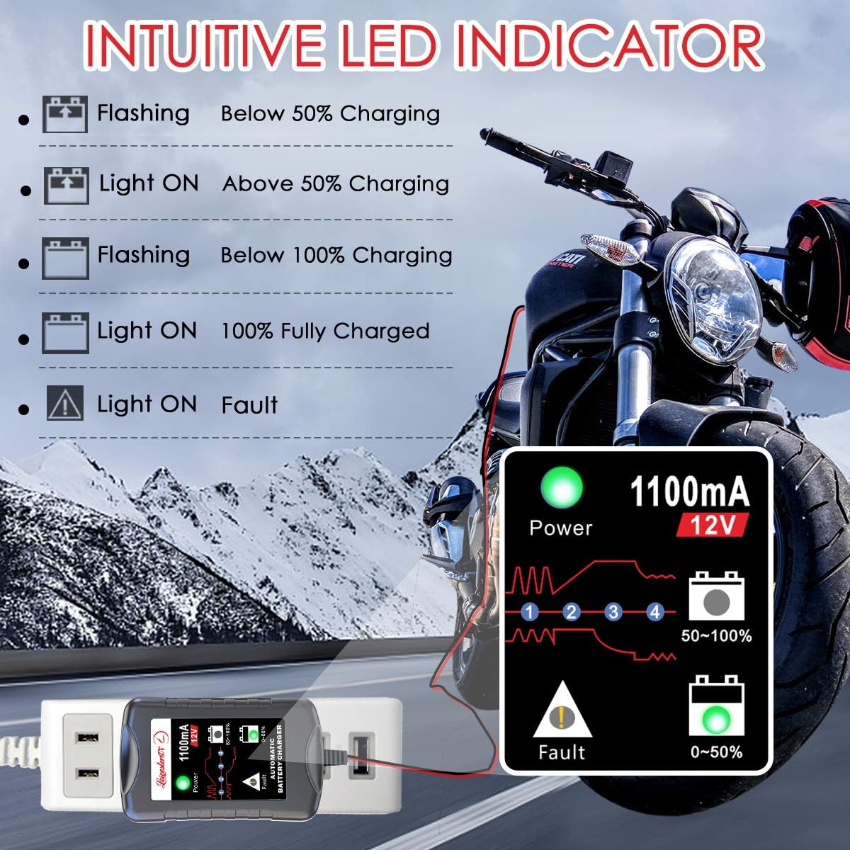 LST 12V Battery Trickle Charger Maintainer Portable Smart Float Charger for Car Motorcycle Lawn Mower SLA AGM Gel Cell Wet Lead Acid Batteries