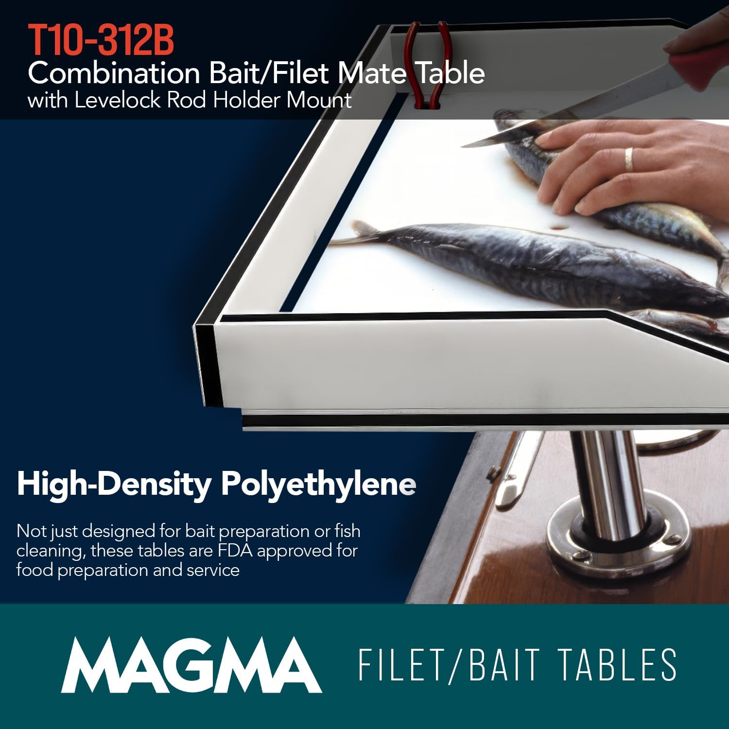 Magma Products, T10-312B Combination Bait/Filet Mate Table with Levelock Rod Holder Mount, 20 Inch x 12-3/4 Inch