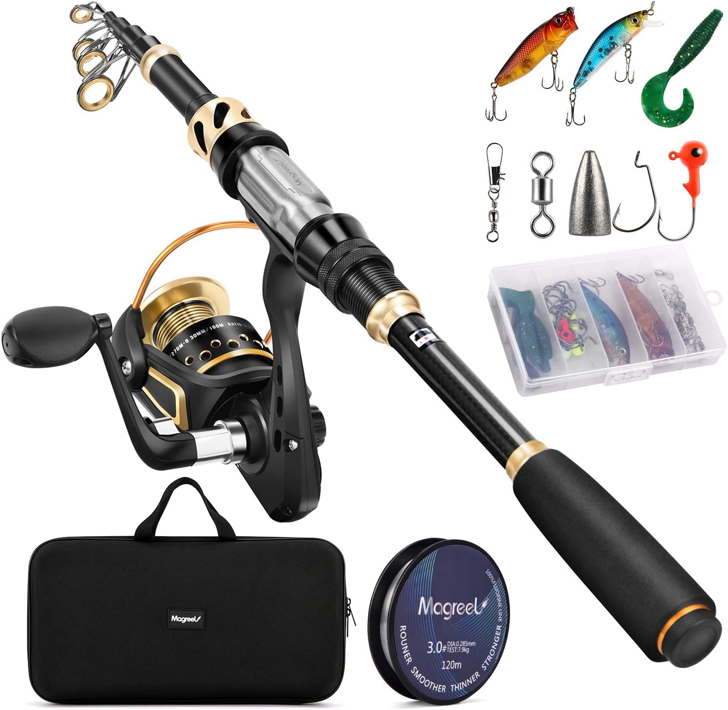 Magreel Telescopic Fishing Rod and Spinning Reel Combo Set with Fishing Line, Fishing Lures Kit  Accessories and Carrier Bag for Saltwater Freshwater