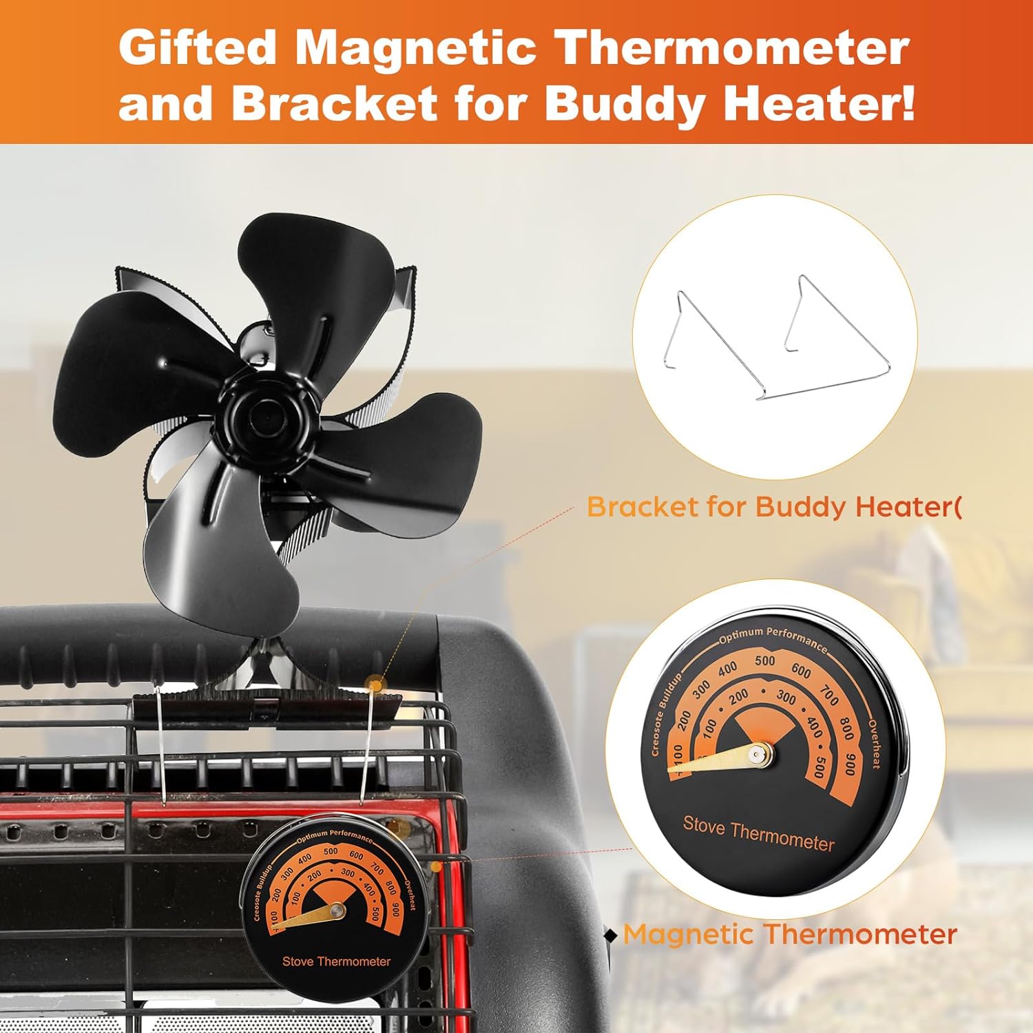 Miaton Heat Powered Wood Stove Fan and Mr Buddy Heater Fan for Little Buddy and Big Buddy (Included Bracket  Thermometer), Non Electric Fireplace Fan Eco fan Thermal Fan Thermoelectric Fan