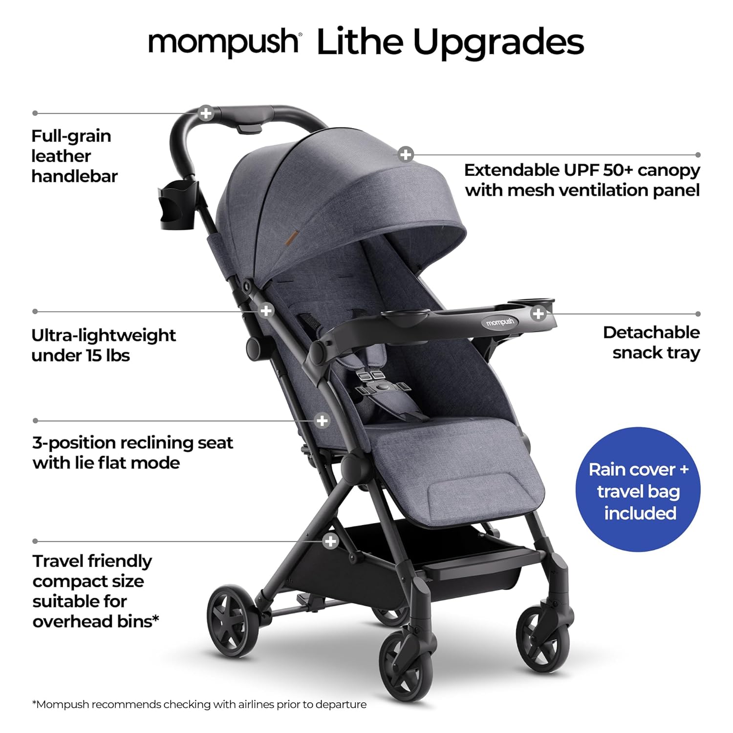 Mompush Lithe V2 Lightweight Stroller + Snack Tray, Ultra-Compact Fold  Airplane Ready Travel Stroller, Near Flat Recline Seat, Cup Holder, Raincover  Travelbag Included