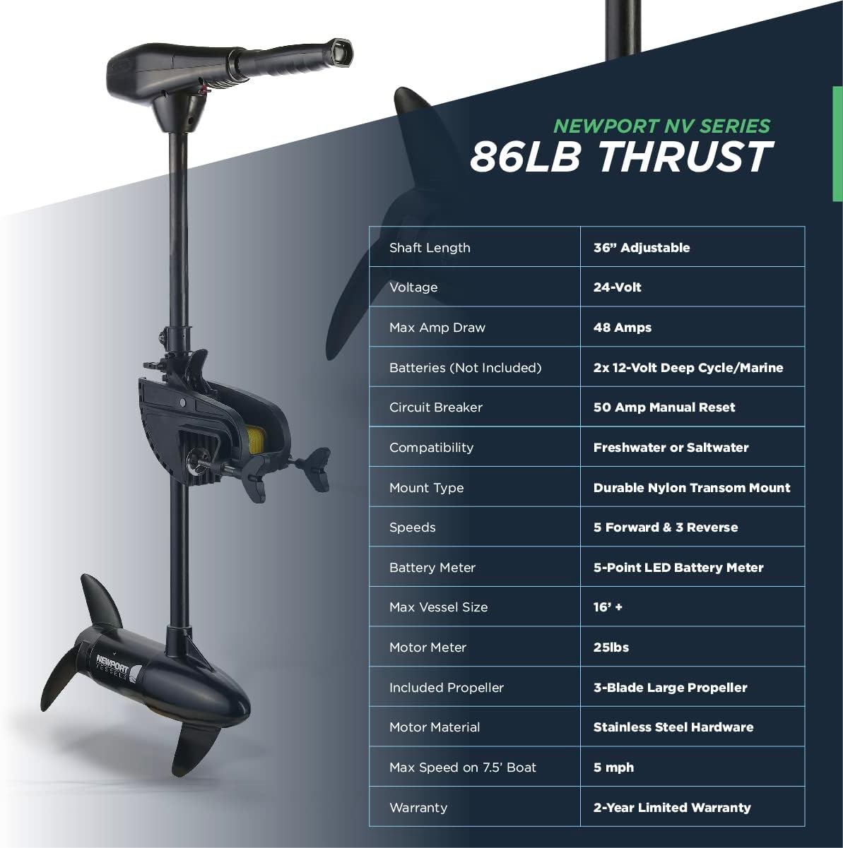 Newport NV-Series Thrust Saltwater Transom Mounted Trolling Electric Trolling Motor w/LED Battery Indicator