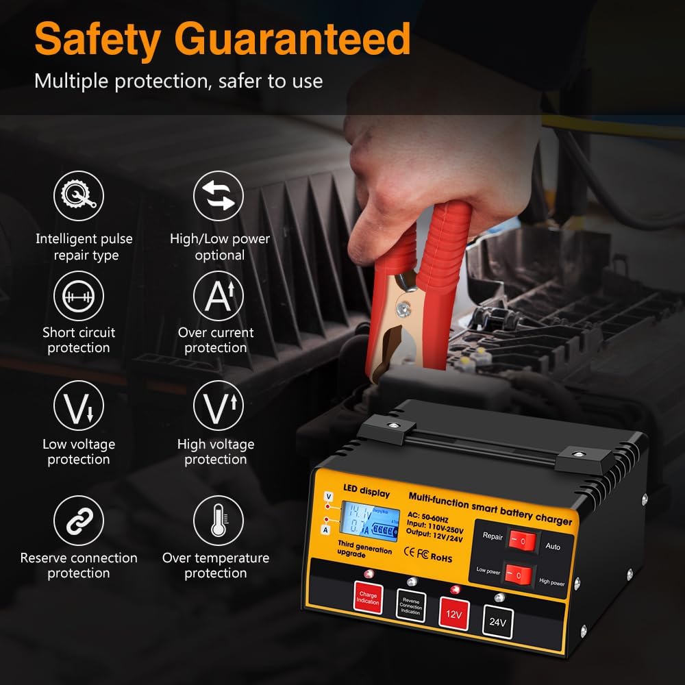 Outerman Car Battery Charger,12V-12A/24V-8.5AMH Smart Automatic Battery Charger,High/Low Power Trickle Charger Battery Maintainer and Desulfator,for Motorcycle Lawn Mower Marine Lead Acid Batteries