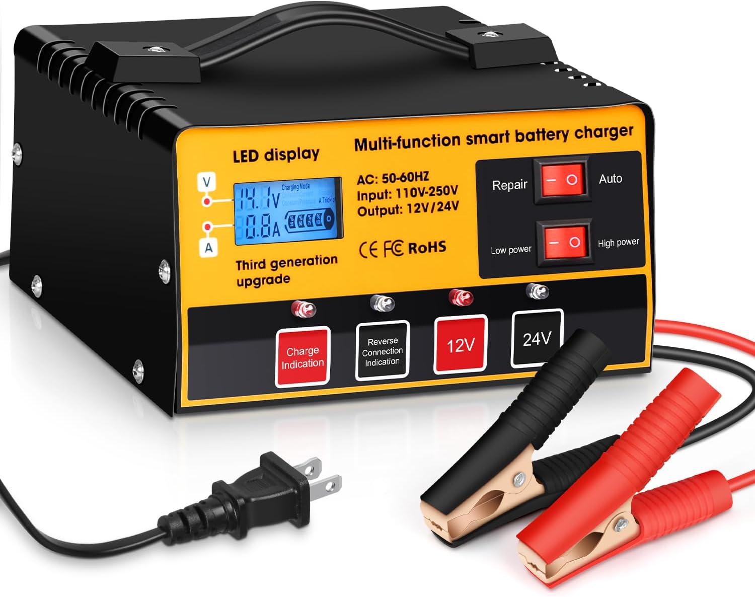 Outerman Car Battery Charger,12V-12A/24V-8.5AMH Smart Automatic Battery Charger,High/Low Power Trickle Charger Battery Maintainer and Desulfator,for Motorcycle Lawn Mower Marine Lead Acid Batteries