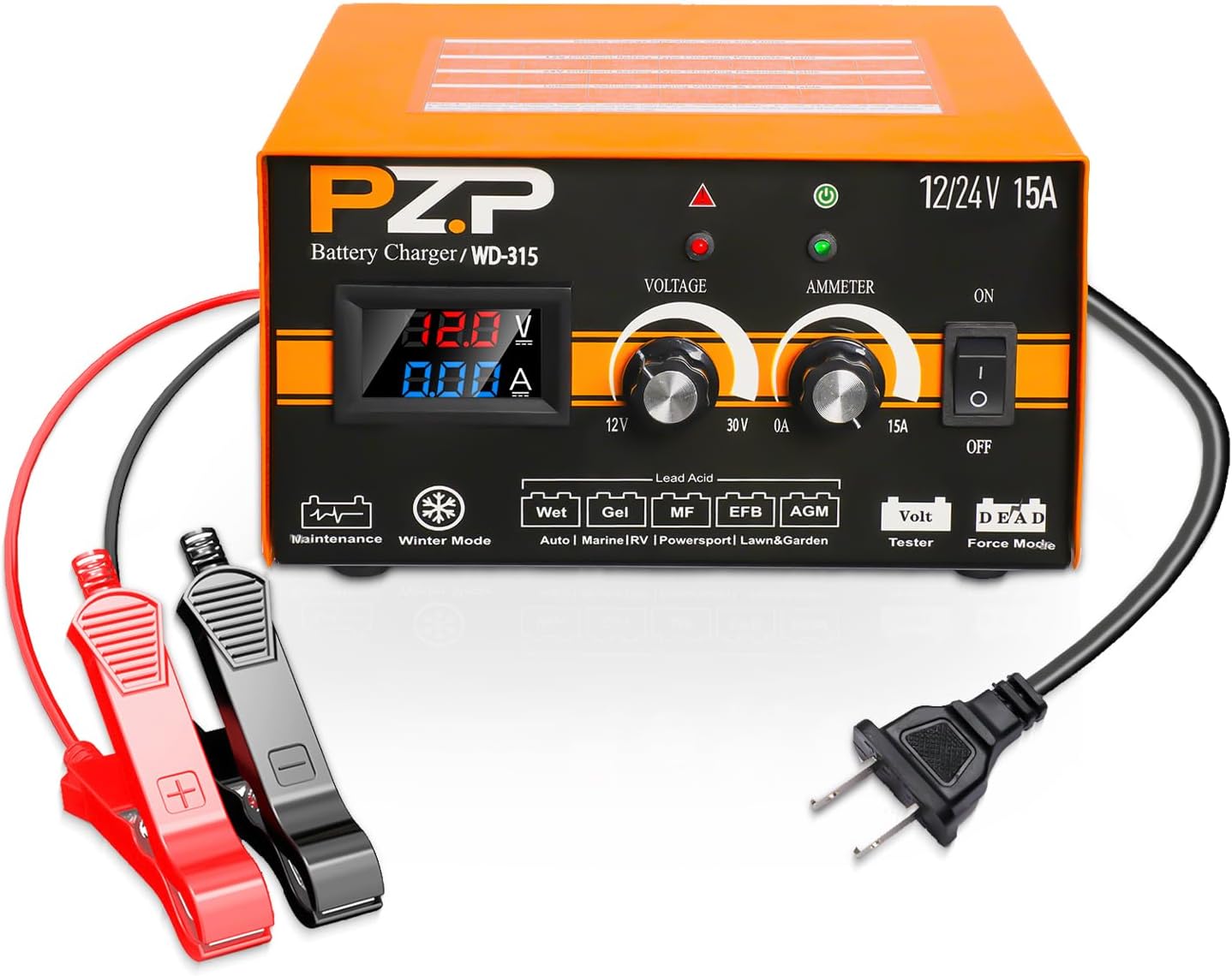 PZP 12V 24V Manual Battery Charger Automotive Smart Battery Maintainer 12 Volt Car Boat Truck Marine Deep Cycle AGM Trickle Charger 0-15A