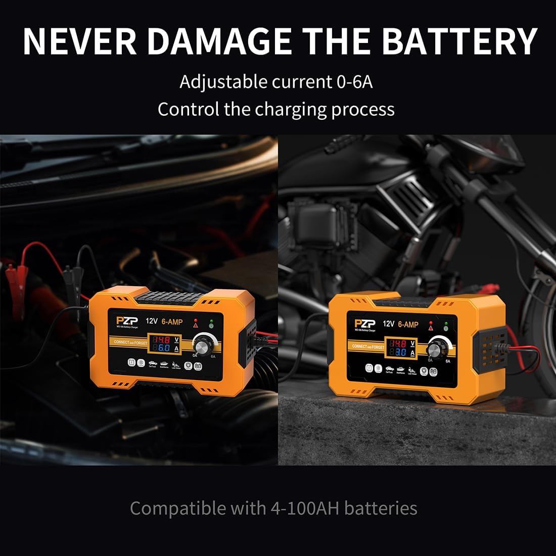 PZP 12V 6A Manual Battery Charger Automotive 12 Volt Car Marine Auto Lawn Mower ATV 6-Amp Trickle Charger for Boat Motorcycle AGM Deep Cycle 0-6A Battery Maintainer