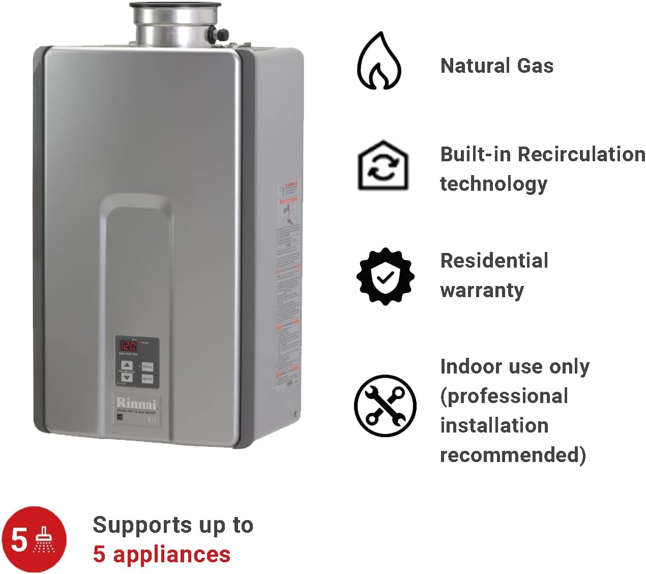 Rinnai RL94IN Tankless Hot Water Heater, 9.8 GPM, Natural Gas, Indoor Installation