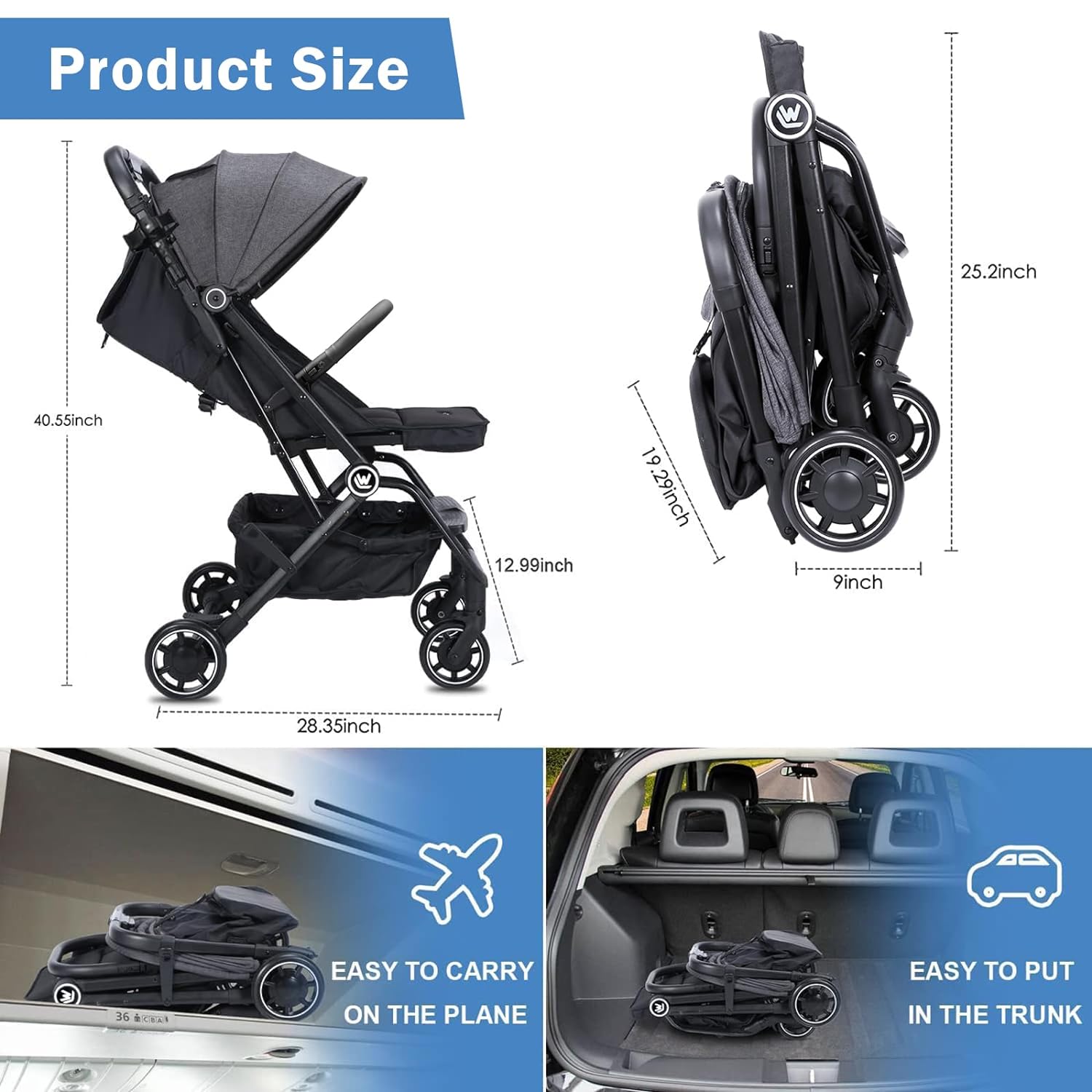 Rollingsurfer Lightweight Baby Stroller, Compact Travel Stroller with Cup Holder  Sleep Shade, Oversize Basket, One Hand Easy Foldable Stroller for Airplane Travel and More