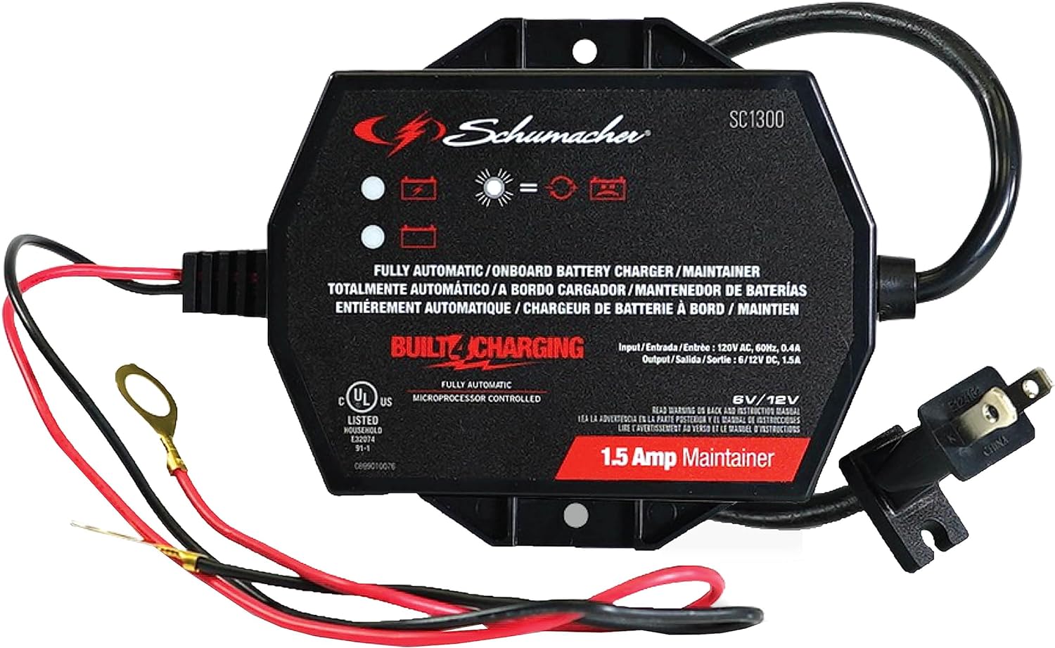 Schumacher SC1300 Fully Automatic Direct-Mount Under-the-Hood Battery Charger/Maintainer with Battery Detection - 1.5 Amp, 6V/12V - for Cars, Motorcycles, Lawn Tractors, Power Sports