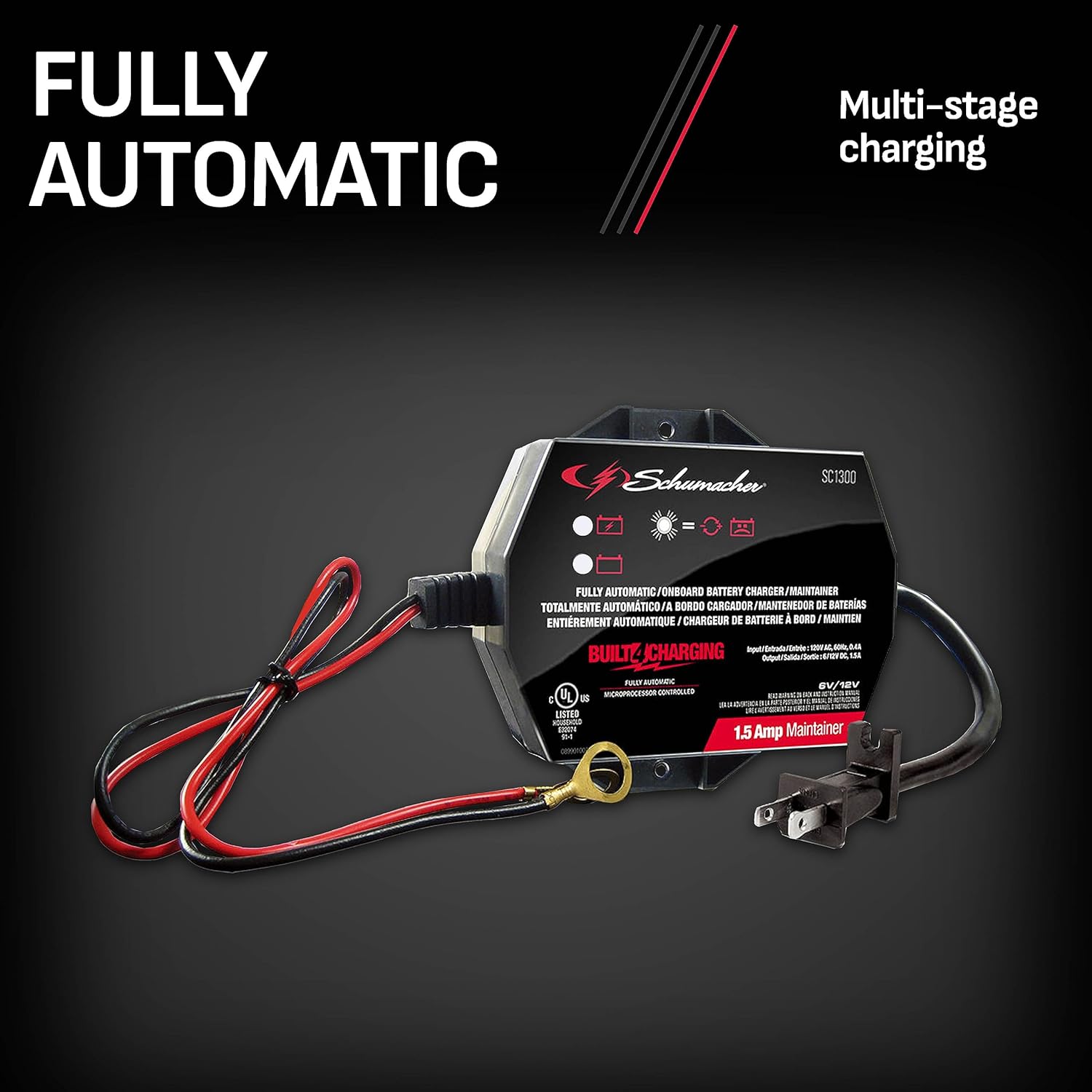 Schumacher SC1300 Fully Automatic Direct-Mount Under-the-Hood Battery Charger/Maintainer with Battery Detection - 1.5 Amp, 6V/12V - for Cars, Motorcycles, Lawn Tractors, Power Sports