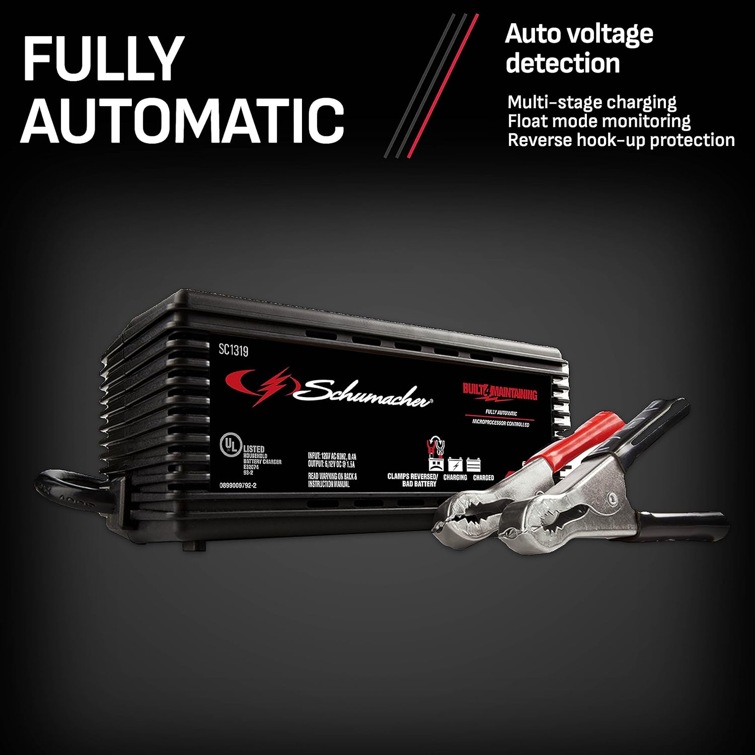 Schumacher SC1319 Fully Automatic Battery Maintainer- 1.5 Amp, 6/12- for Car, Power Sport or Marine Batteries