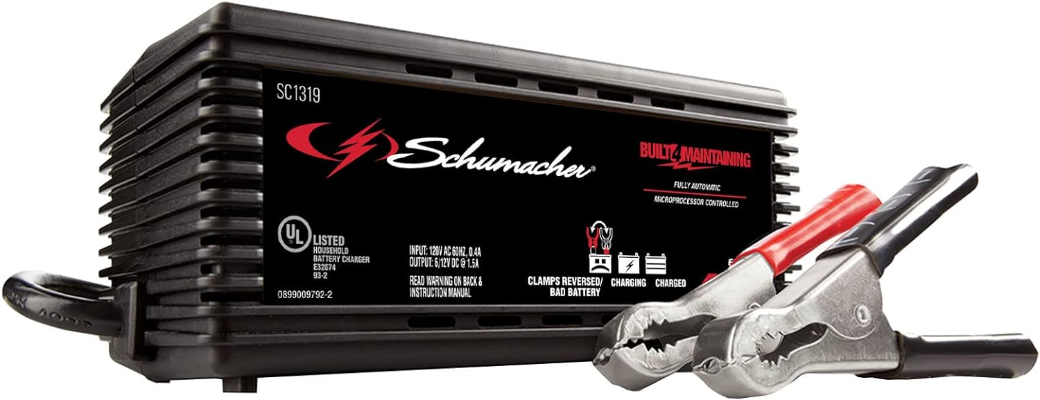 Schumacher SC1319 Fully Automatic Battery Maintainer- 1.5 Amp, 6/12- for Car, Power Sport or Marine Batteries