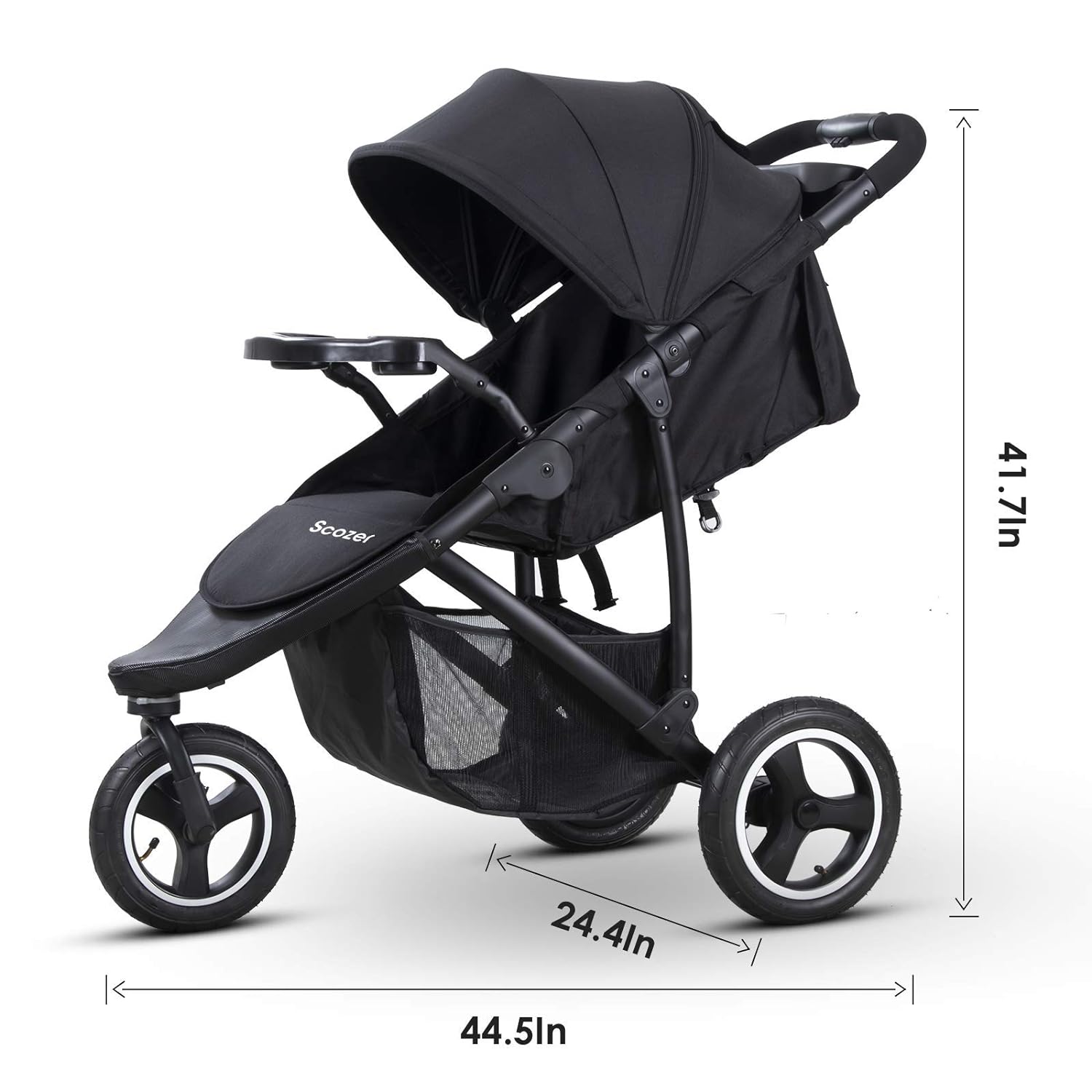 Scozer Jogger Stroller with Dining Plate and Cup Holder Big Storage Basket,Adjustable Awning, Variable Seat and Recliner Lightweight Baby Jogging Stroller,Black