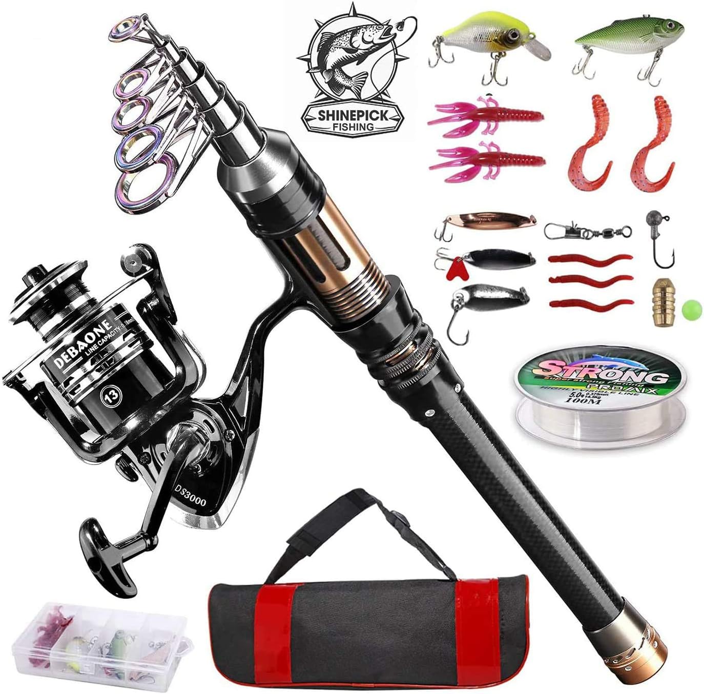 ShinePick Fishing Rod Kit, Telescopic Fishing Pole and Reel Combo Full Kit with Line Lures Hooks Carrier Bag for Travel Saltwater Freshwater Boat Fishing Beginners