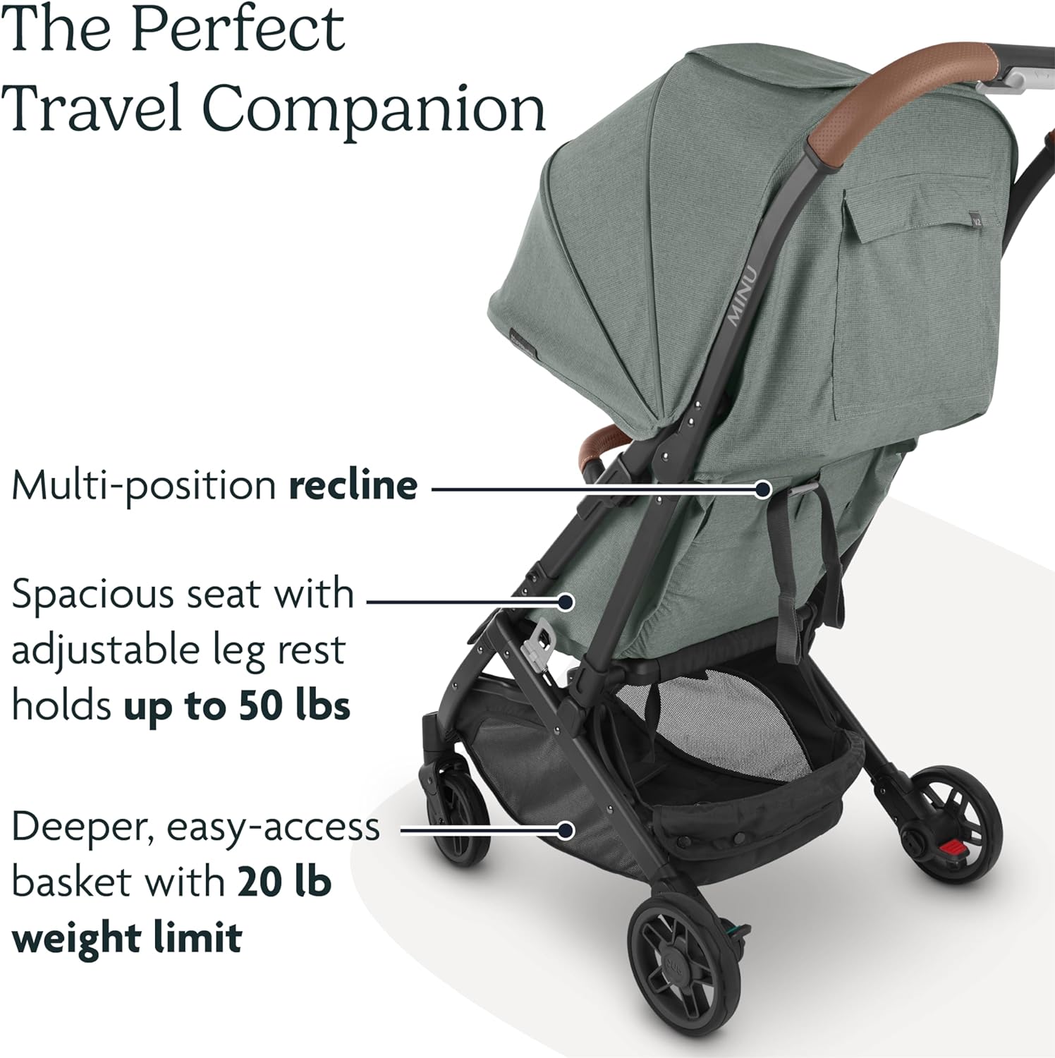 UPPAbaby Minu V2 Travel Stroller/Lightweight, Portable Design/One-Hand Fold/Shoulder Strap and Leather Bumper Bar Included/Gwen (Green Mélange/Carbon Frame/Saddle Leather)