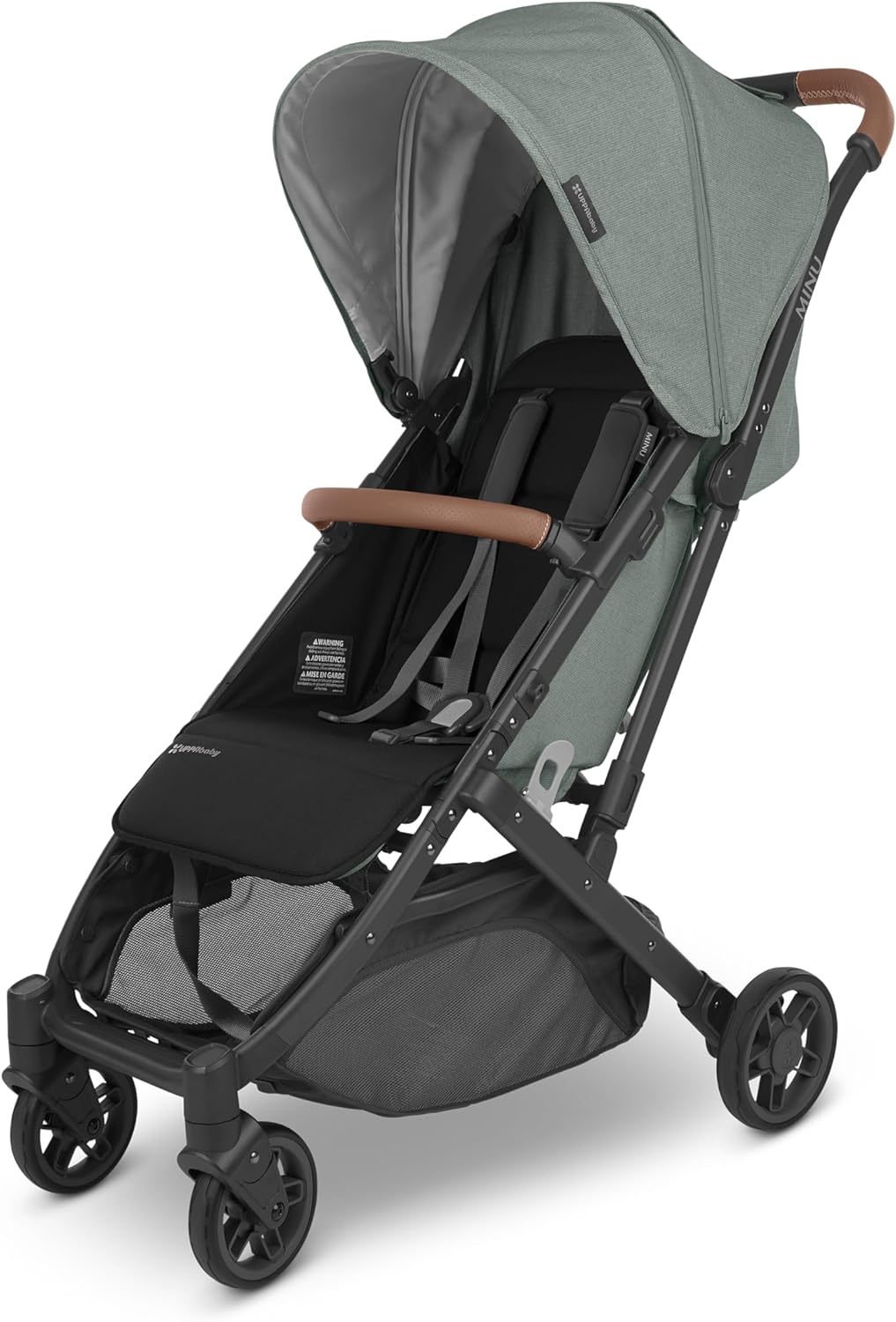 UPPAbaby Minu V2 Travel Stroller/Lightweight, Portable Design/One-Hand Fold/Shoulder Strap and Leather Bumper Bar Included/Gwen (Green Mélange/Carbon Frame/Saddle Leather)