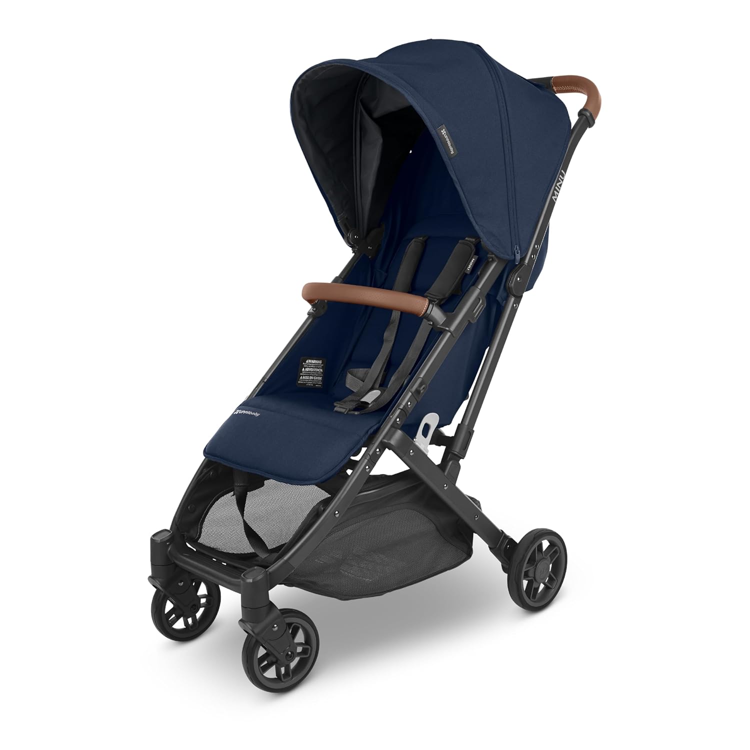 UPPAbaby Minu V2 Travel Stroller/Lightweight, Portable Design/One-Hand Fold/Shoulder Strap and Leather Bumper Bar Included/Noa (Navy/Carbon Frame/Saddle Leather)