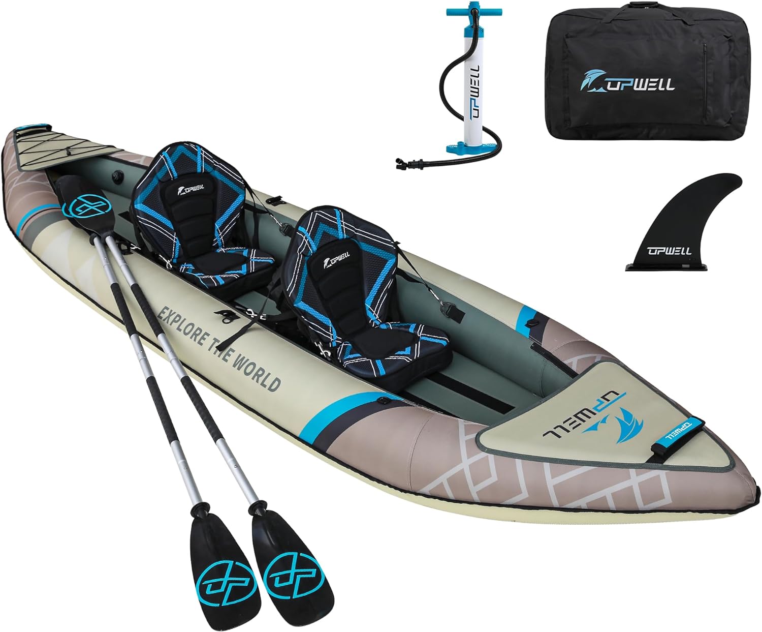 UPWELL 136”/11 Inflatable Recreational Kayak - 2 Person with Drop Stitch Floor and Accessories Including Kayak Seats with High Back Support, Paddle, Fin, Repair Kits, Carry Bag and Hand Pump