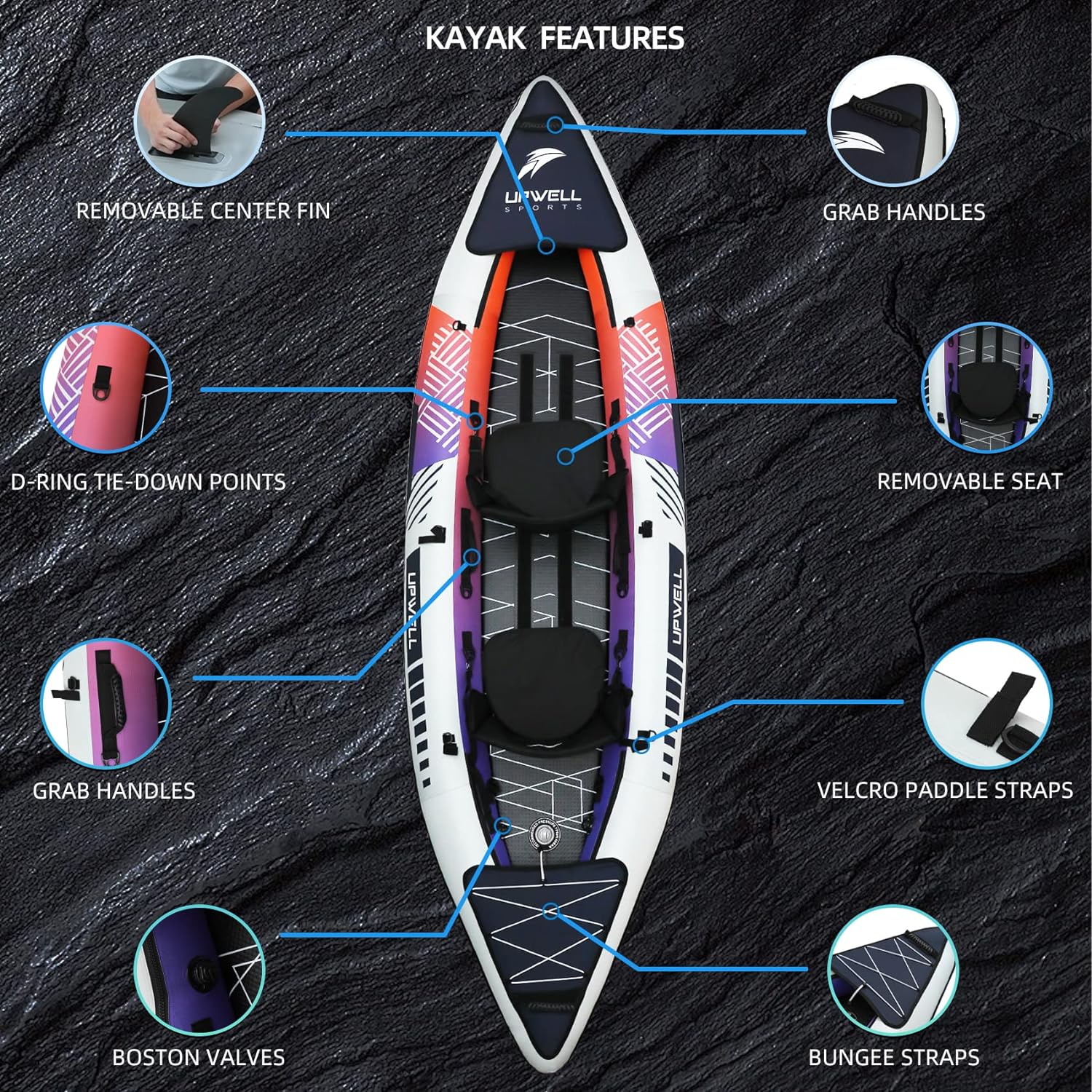 UPWELL 136”/11 Inflatable Recreational Kayak - 2 Person with Drop Stitch Floor and Accessories Including Kayak Seats with High Back Support, Paddle, Fin, Repair Kits, Carry Bag and Hand Pump