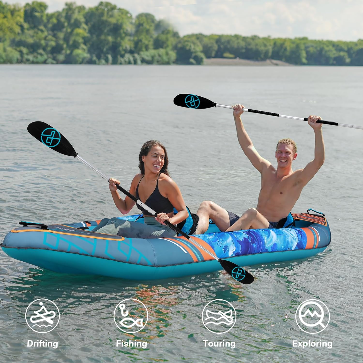 UPWELL 136”/11 Inflatable Recreational Kayak - 2 Person with Drop Stitch Floor and Accessories Including Kayak Seats with High Back Support, Paddle, Fin, Repair Kits, Carry Bag and Hand Pump