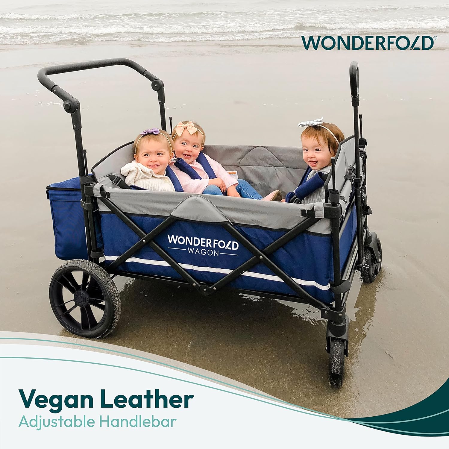 WONDERFOLD X4 Push  Pull Quad Stroller Wagon (4 Seater) Featuring Seats with 5-Point Harnesses, Adjustable Push Handle, and Adjustable/Removable UV-Protection Canopy, Navy