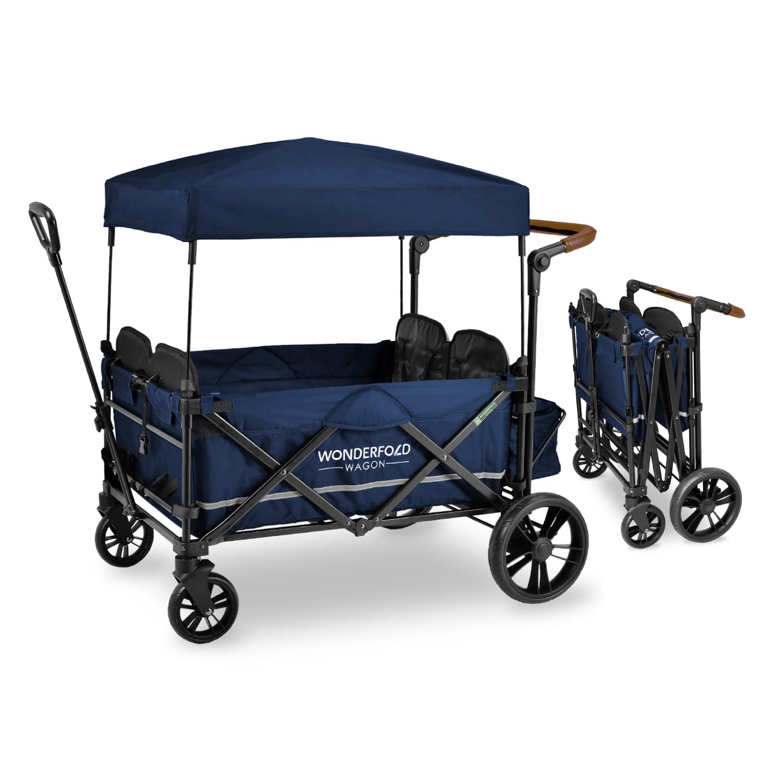 WONDERFOLD X4 Push  Pull Quad Stroller Wagon (4 Seater) Featuring Seats with 5-Point Harnesses, Adjustable Push Handle, and Adjustable/Removable UV-Protection Canopy, Navy