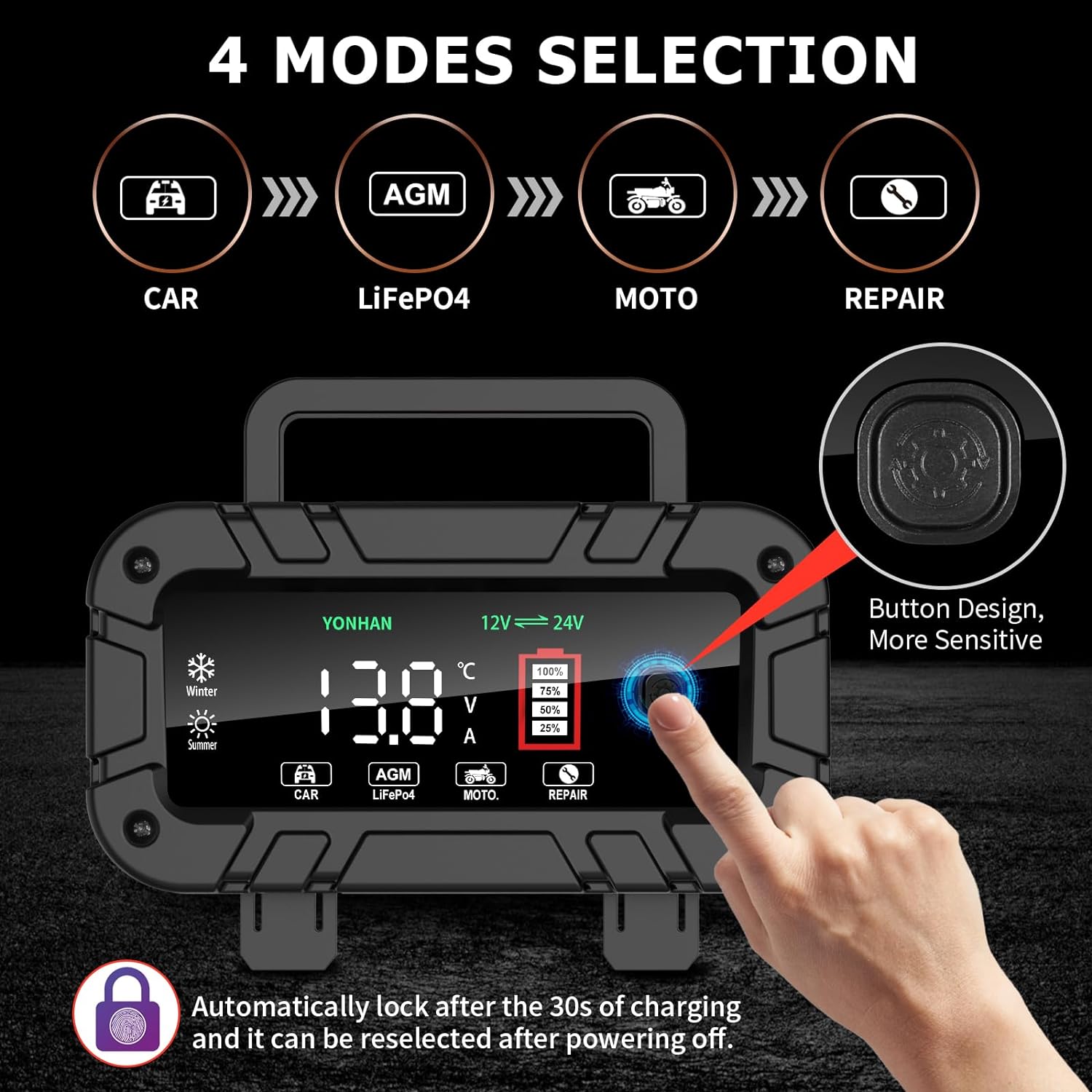 YONHAN Battery Charger 10 Amp, Upgraded 12V/24V LiFePO4 Lead Acid Portable Car Battery Charger w/Large Display Screen, Fully-Automatic Smart Trickle Charger Automotive, Battery Maintainer