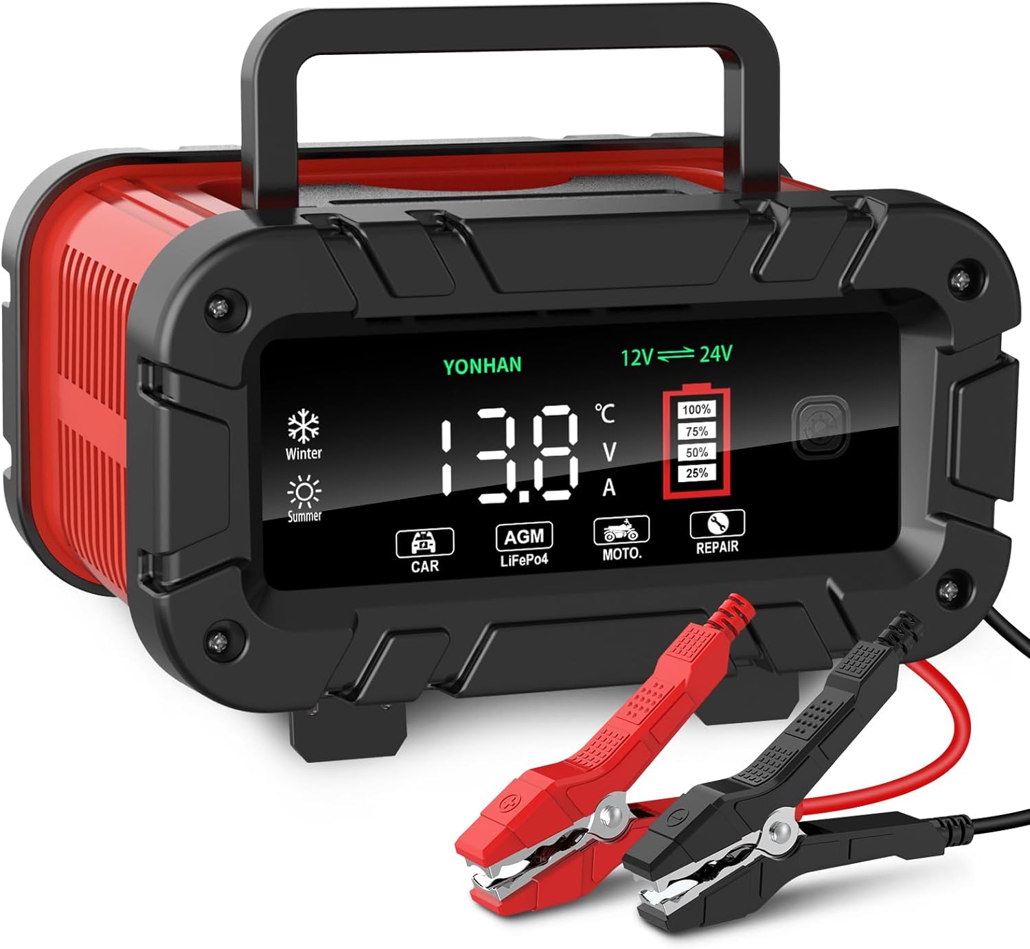 YONHAN Battery Charger 10 Amp, Upgraded 12V/24V LiFePO4 Lead Acid Portable Car Battery Charger w/Large Display Screen, Fully-Automatic Smart Trickle Charger Automotive, Battery Maintainer