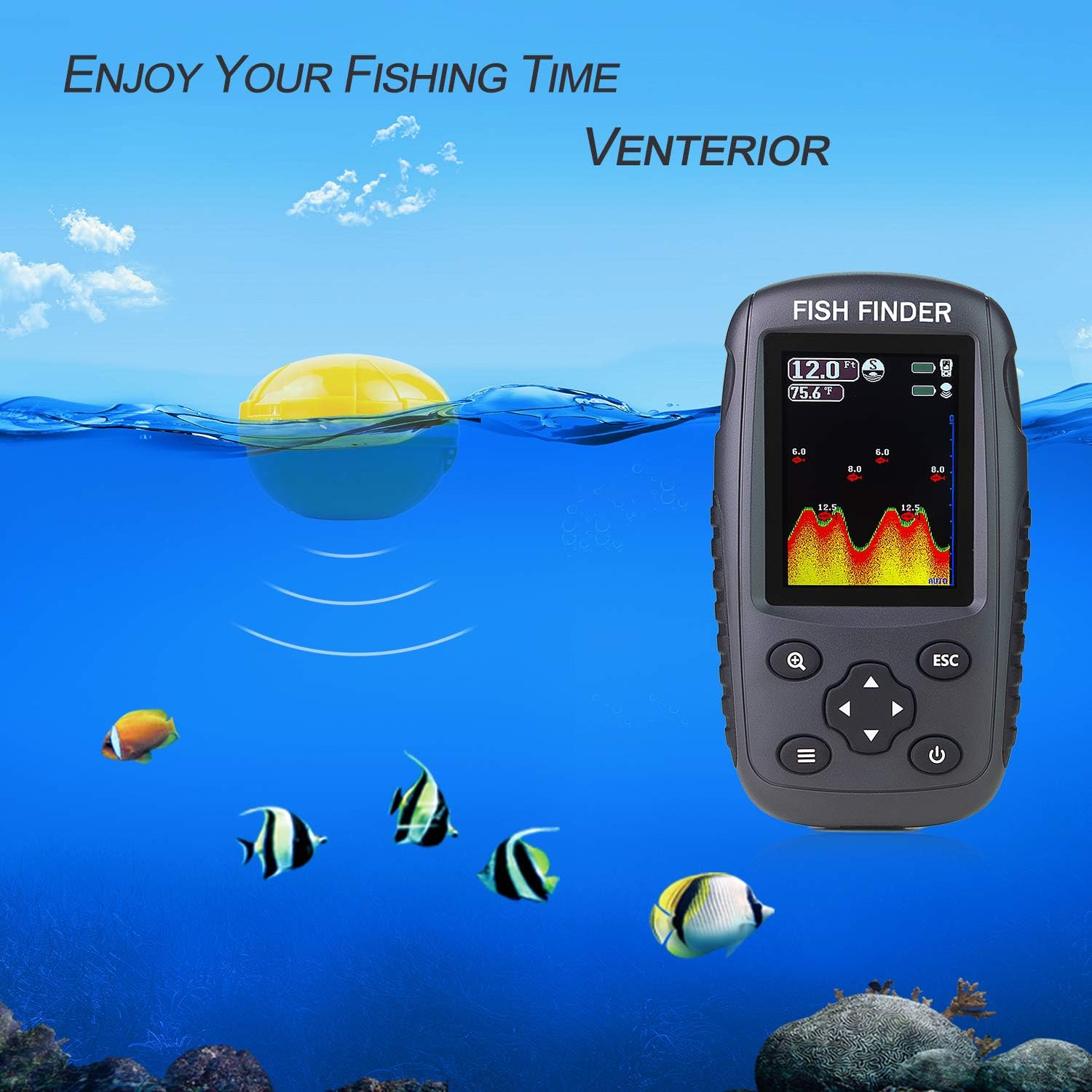 Venterior Portable Rechargeable Fish Finder Wireless Sonar Sensor Fishfinder Depth Locator with Fish Size, Water Temperature, Bottom Contour, Color LCD Display - Venterior Portable Fish Finder Review