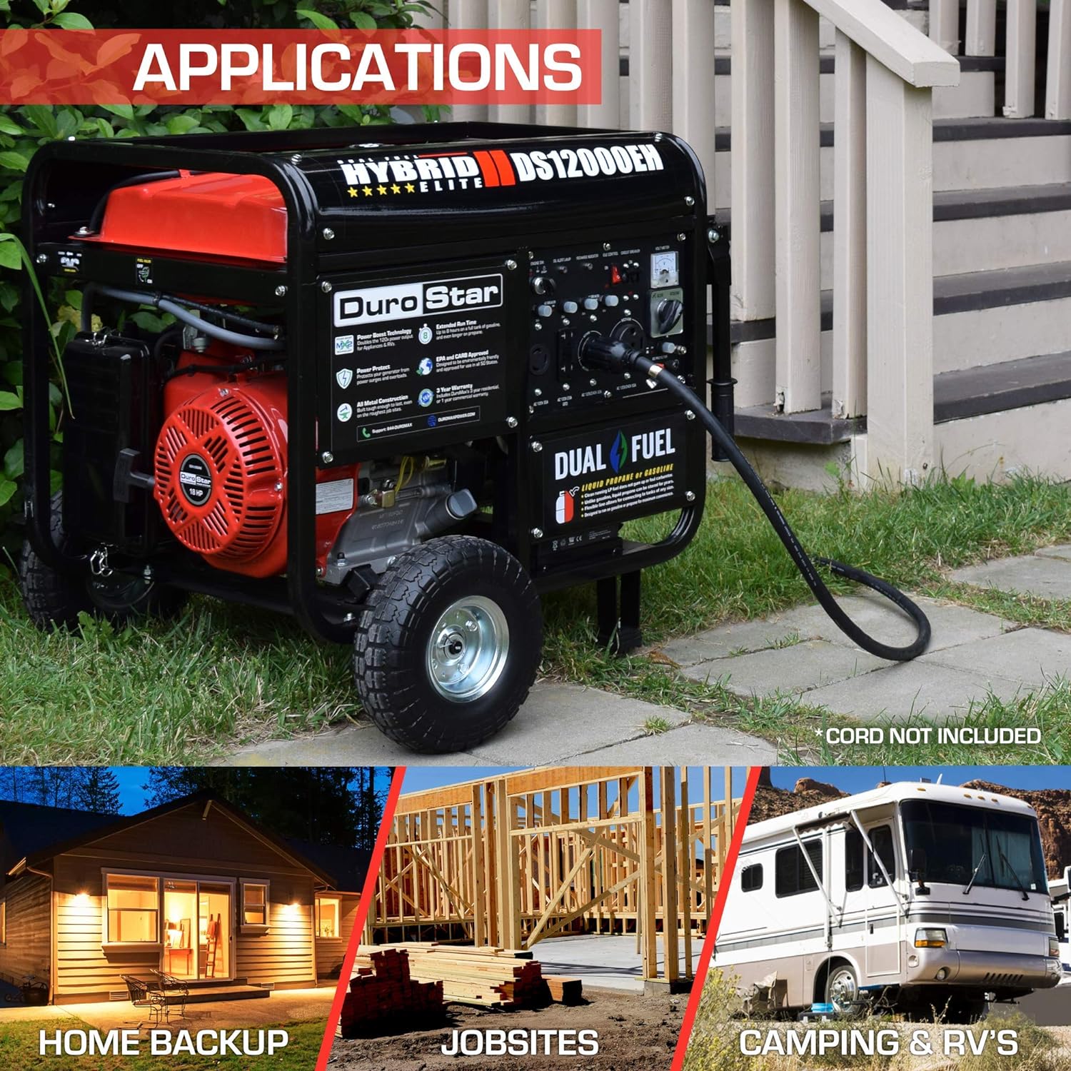 DuroStar DS4850EH Dual Fuel Portable Generator-4850 Watt Gas or Propane Powered Electric Start-Camping  RV Ready, 50 State Approved, Red/Black - DuroStar DS4850EH Dual Fuel Portable Generator-4850 Watt Gas Or Propane Powered Electric Start-Camping & RV Ready, 50 State Approved, Red/Black Review