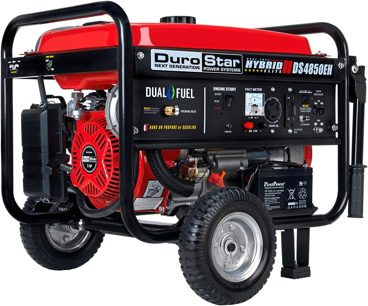 DuroStar DS4850EH Dual Fuel Portable Generator-4850 Watt Gas Or Propane Powered Electric Start-Camping & RV Ready, 50 State Approved, Red/Black Review