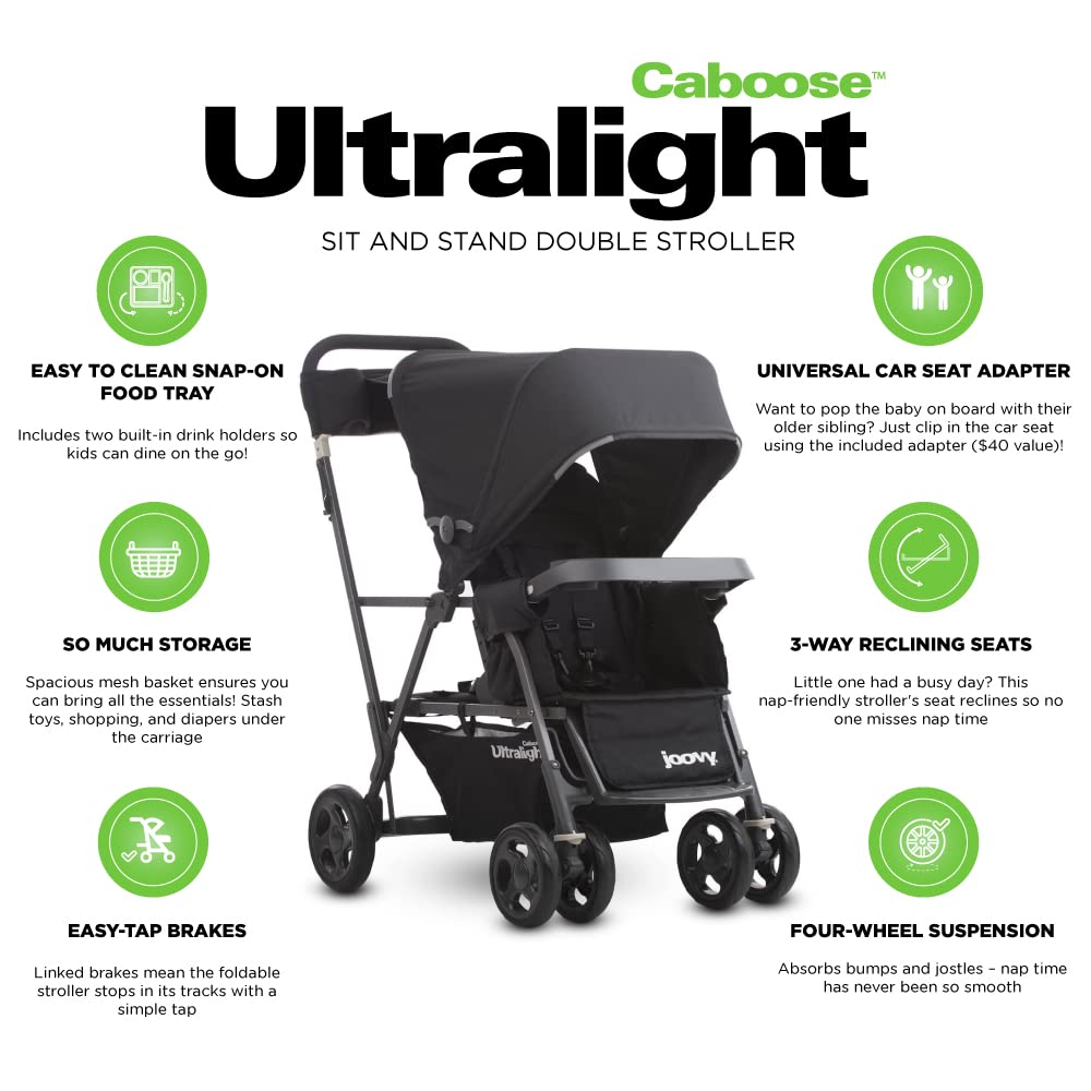 Joovy Caboose Ultralight Sit and Stand Double Stroller with Rear Bench and Standing Platform, 3-Way Reclining Seats, Optional Rear Seat, and Universal Car Seat Adapter (Turq) - Joovy Caboose Ultralight Stroller Review