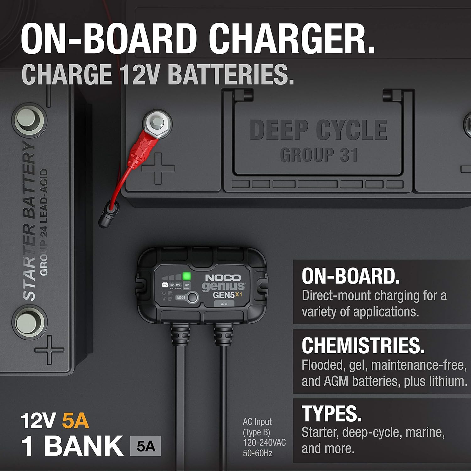 NOCO Genius GEN5X1, 1-Bank, 5A (5A/Bank) Smart Marine Battery Charger, 12V Waterproof Onboard Boat Charger, Maintainer and Desulfator for AGM, Lithium (LiFePO4) and Deep-Cycle Batteries - NOCO Genius GEN5X1 Battery Charger Review