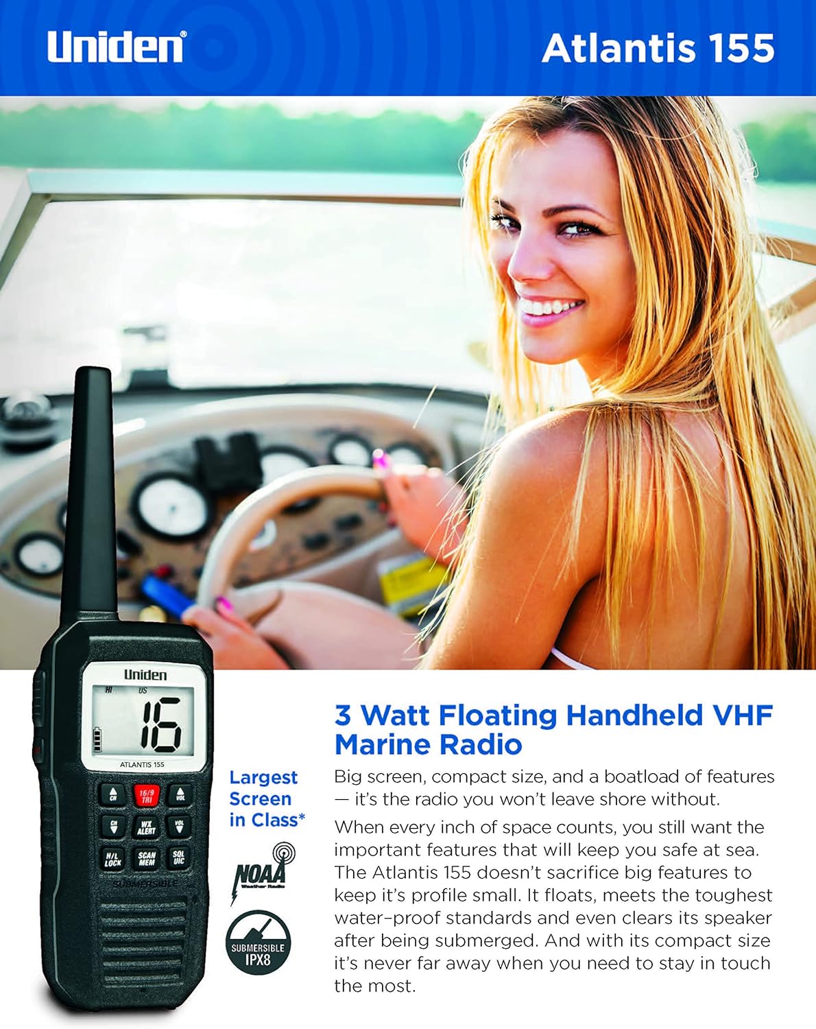 Uniden Atlantis 155 Handheld Two-Way VHF Marine Radio, Floating IPX8 Submersible Waterproof, Dual-Color Screen, All USA/International/Canadian Marine Channels, NOAA Weather Alert, 10 Hour Battery - Uniden Atlantis 155 Handheld Two-Way VHF Marine Radio Review