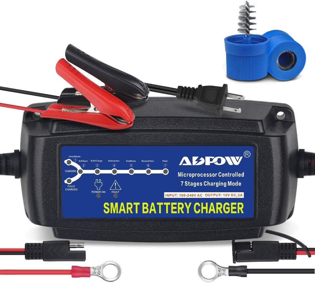 ADPOW 5A 12V Automatic Smart Battery Charger Automotive Maintainer 7-Stages Trickle Charger for Deep Cycle Battery Car Marine Trolling Motor Boat Truck Lawn Mower RV AGM with Terminal Cleaning Brush - ADPOW 5A Battery Charger Review