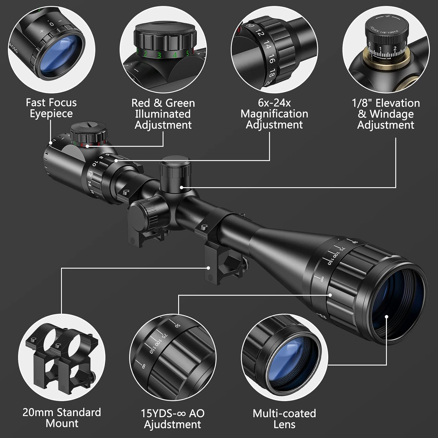 CVLIFE Hunting Rifle Scope 6-24x50 AOE Red and Green Illuminated Gun Scope with Free Mount - CVLIFE Hunting Rifle Scope Review