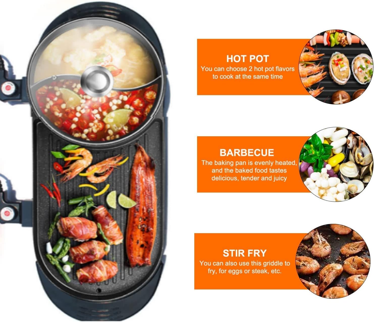 Hot pot with Grill 2 in 1 Electric BBQ Grill Shabupot 2200W Non-Stick Korean Barbecue Grill Indoor for 2-12 People Independent Dual Temperature Control 110V(27 Inch) - Hot Pot With Grill 2 In 1 Electric BBQ Grill Shabupot Review