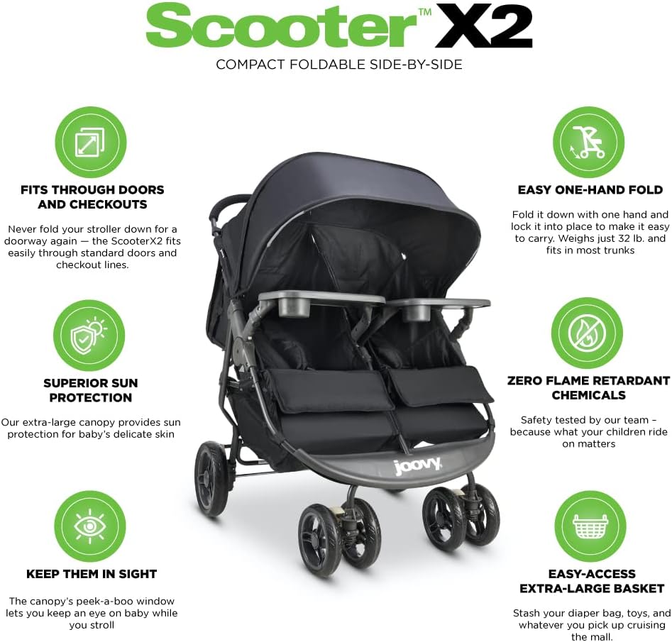 Joovy Scooter X2 Side-by-Side Double Stroller Featuring Dual Snack Trays, One-Handed Fold, Multi-Position Reclining Seats, Adjustable Leg Rests, and in-Seat Storage (Black) - Joovy Scooter X2 Side-by-Side Double Stroller Review