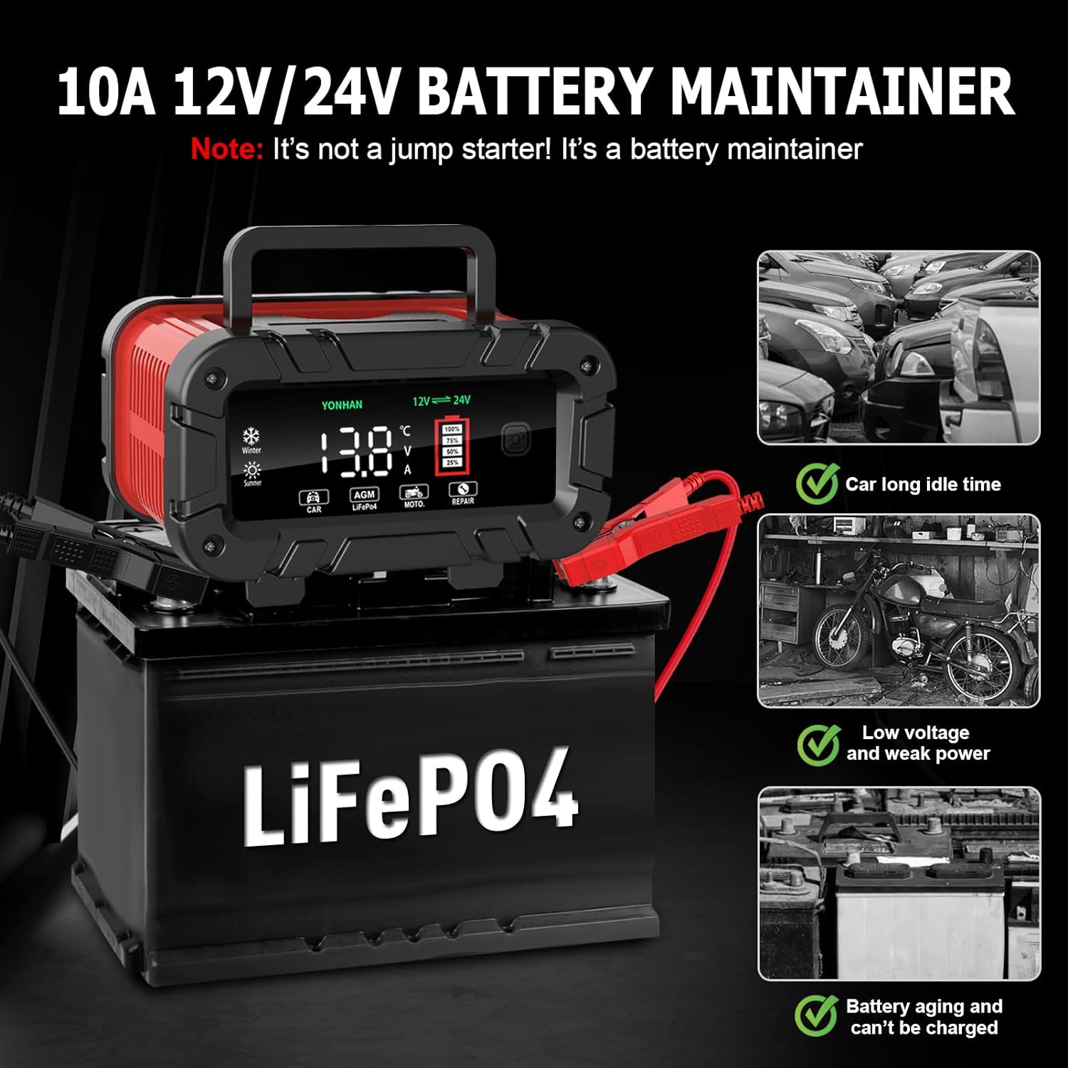 YONHAN Battery Charger 10 Amp, Upgraded 12V/24V LiFePO4 Lead Acid Portable Car Battery Charger w/Large Display Screen, Fully-Automatic Smart Trickle Charger Automotive, Battery Maintainer - YONHAN Battery Charger 10 Amp Review