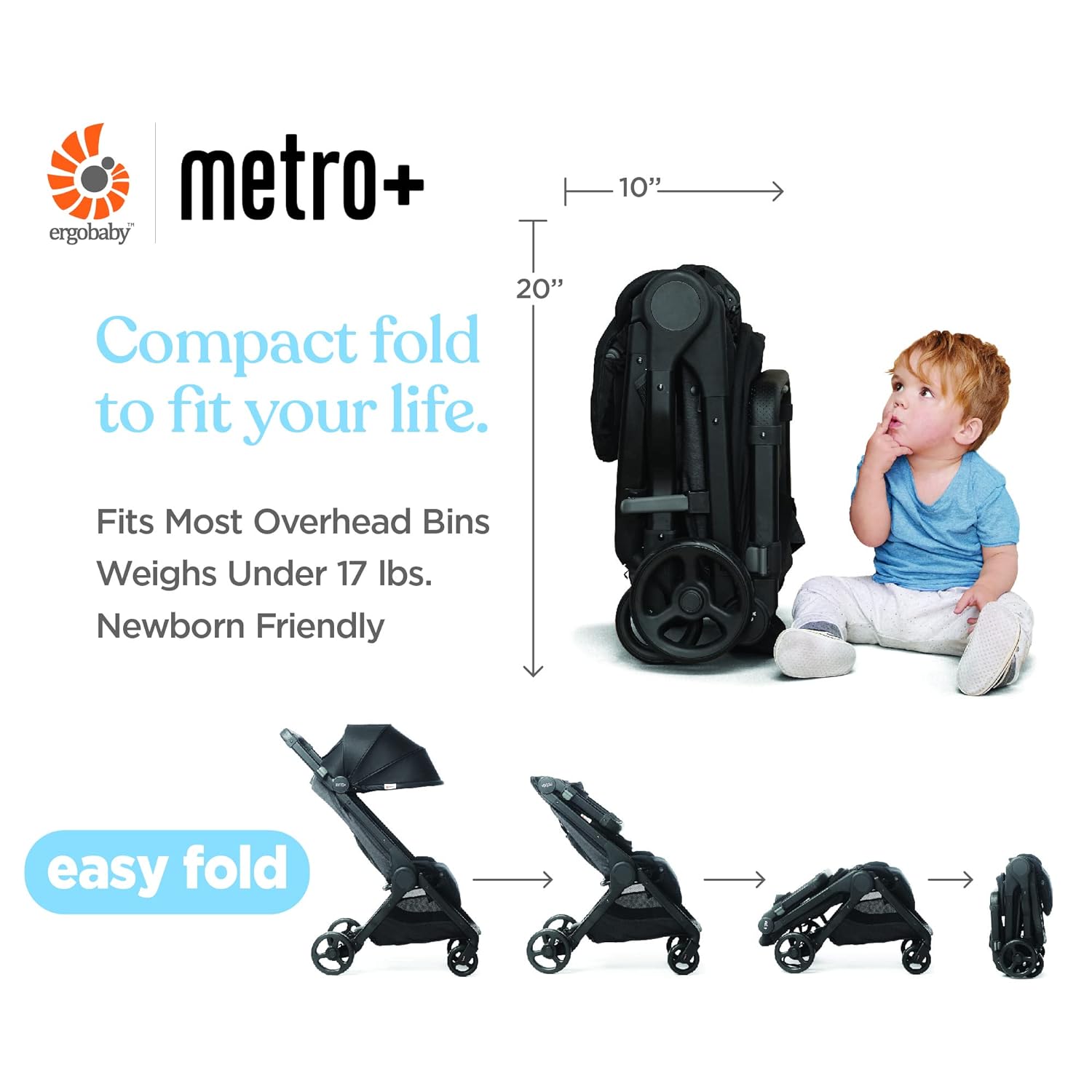 Ergobaby Metro+ Compact Baby Stroller, Lightweight Umbrella Stroller Folds Down for Overhead Airplane Storage (Carries up to 50 lbs), Car Seat Compatible, Black - Ergobaby Metro+ Compact Baby Stroller Review